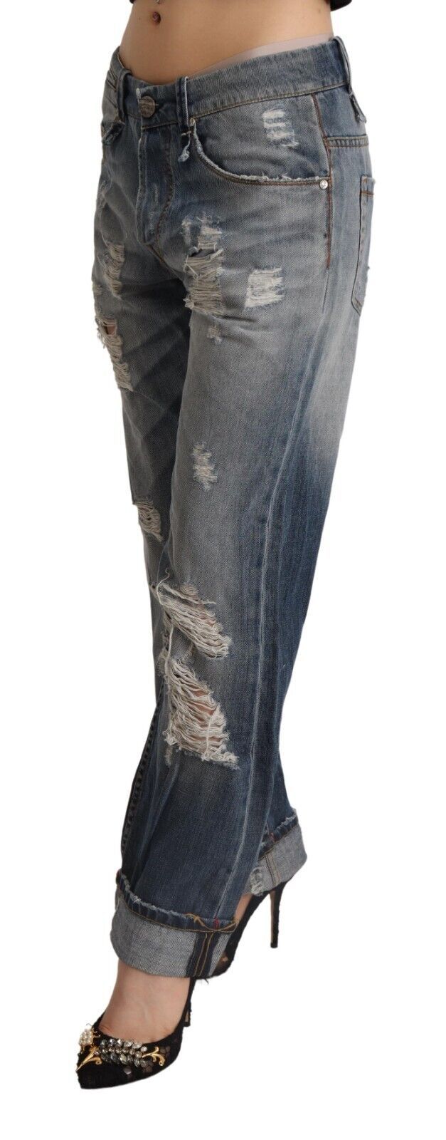 Acht Blue Tattered Mid Waist Straight Denim Cotton Jeans Acht