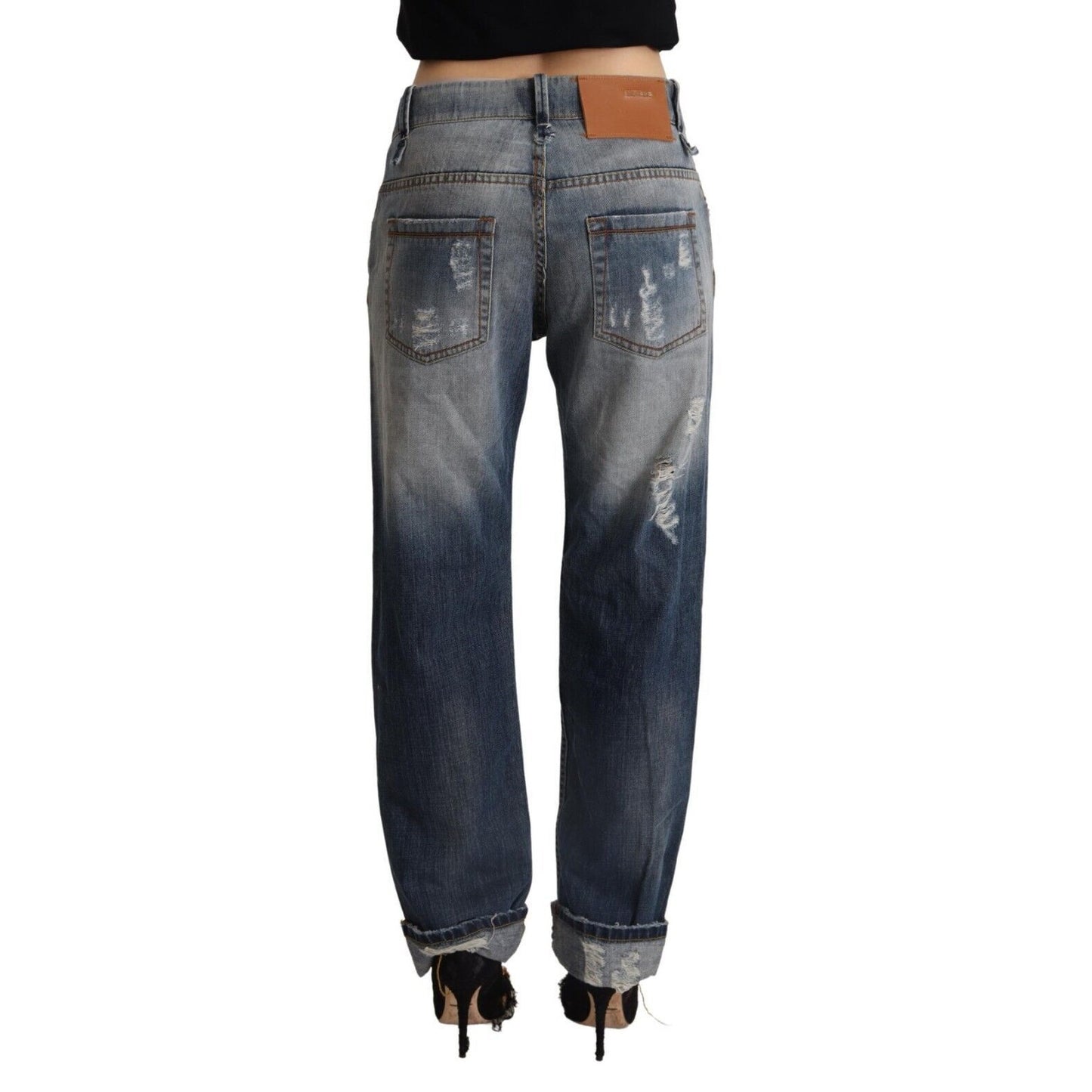 Acht Blue Tattered Mid Waist Straight Denim Cotton Jeans Acht