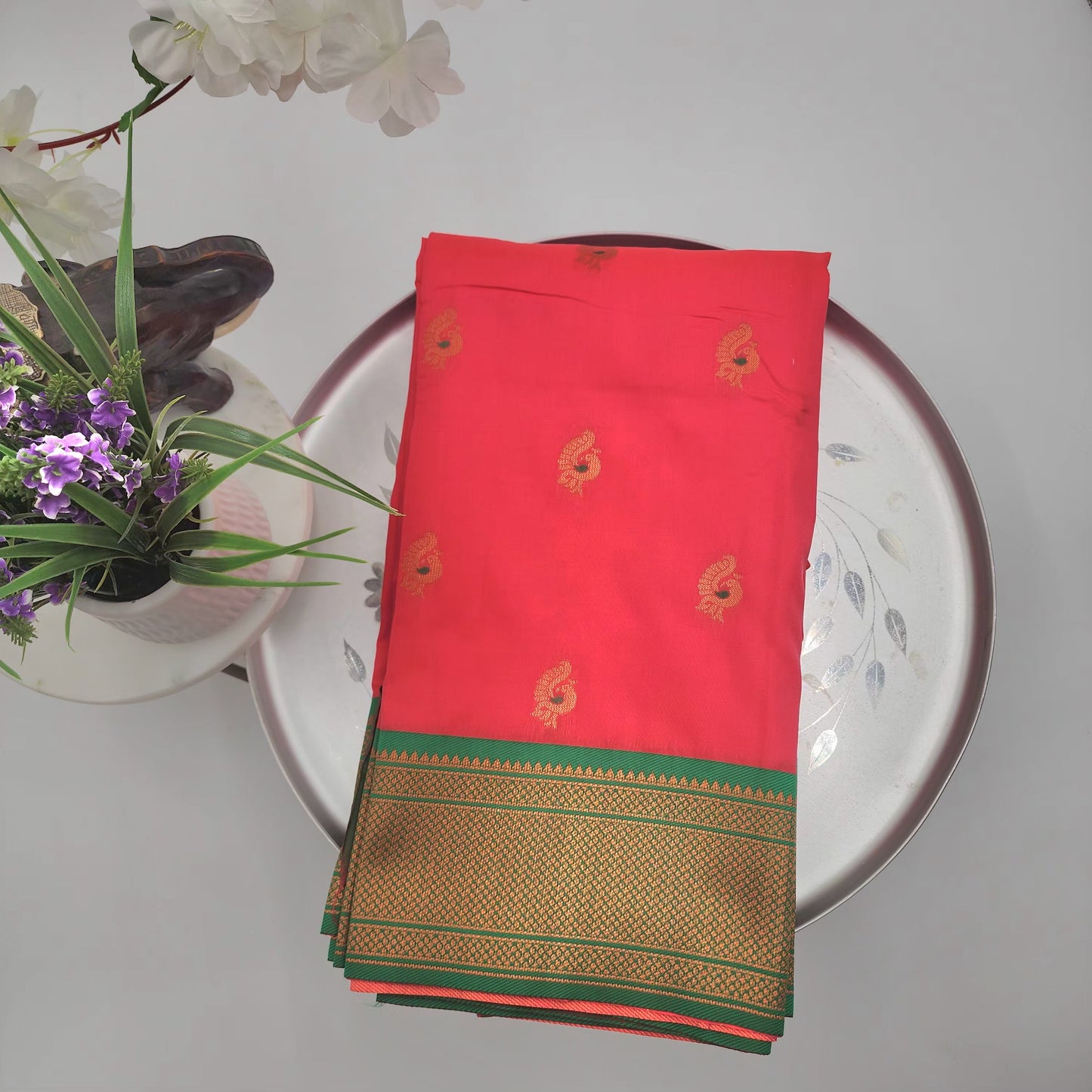Soft Peshwai Paithani Silk Pinkish red and green - Eljoys Fashion