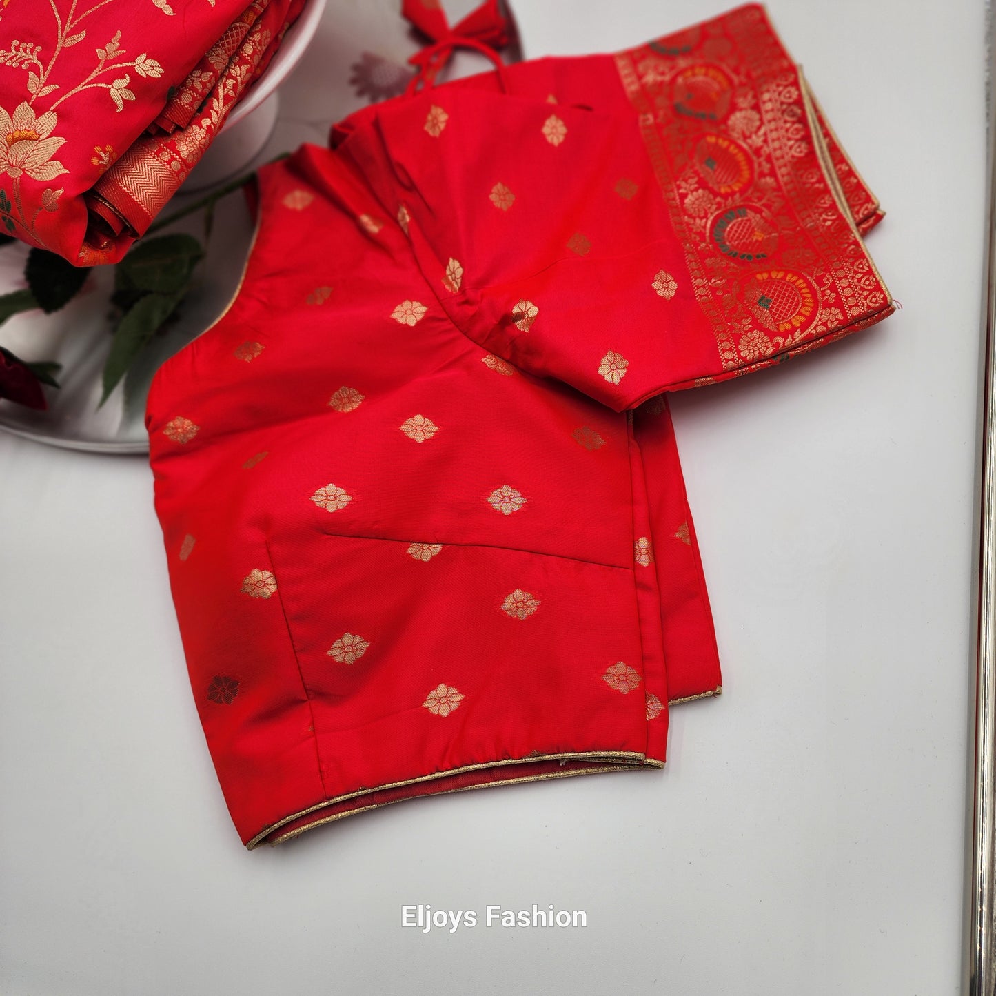 Banarasi Silk-Festival Wear Saree - Pinkish Red with Blouse and Skirt - Eljoys Fashion