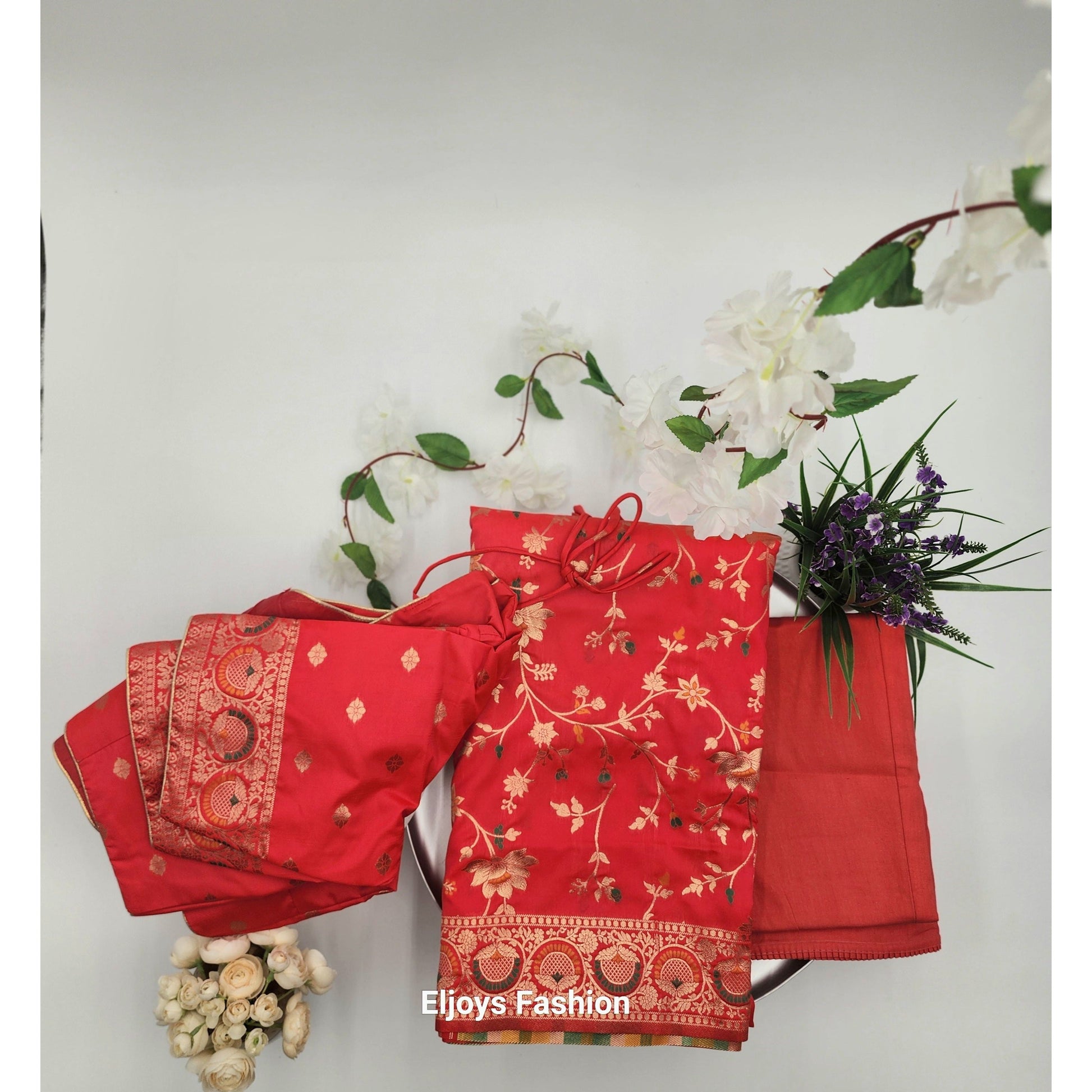 Banarasi Silk-Festival Wear Saree - Pinkish Red with Blouse and Skirt - Eljoys Fashion