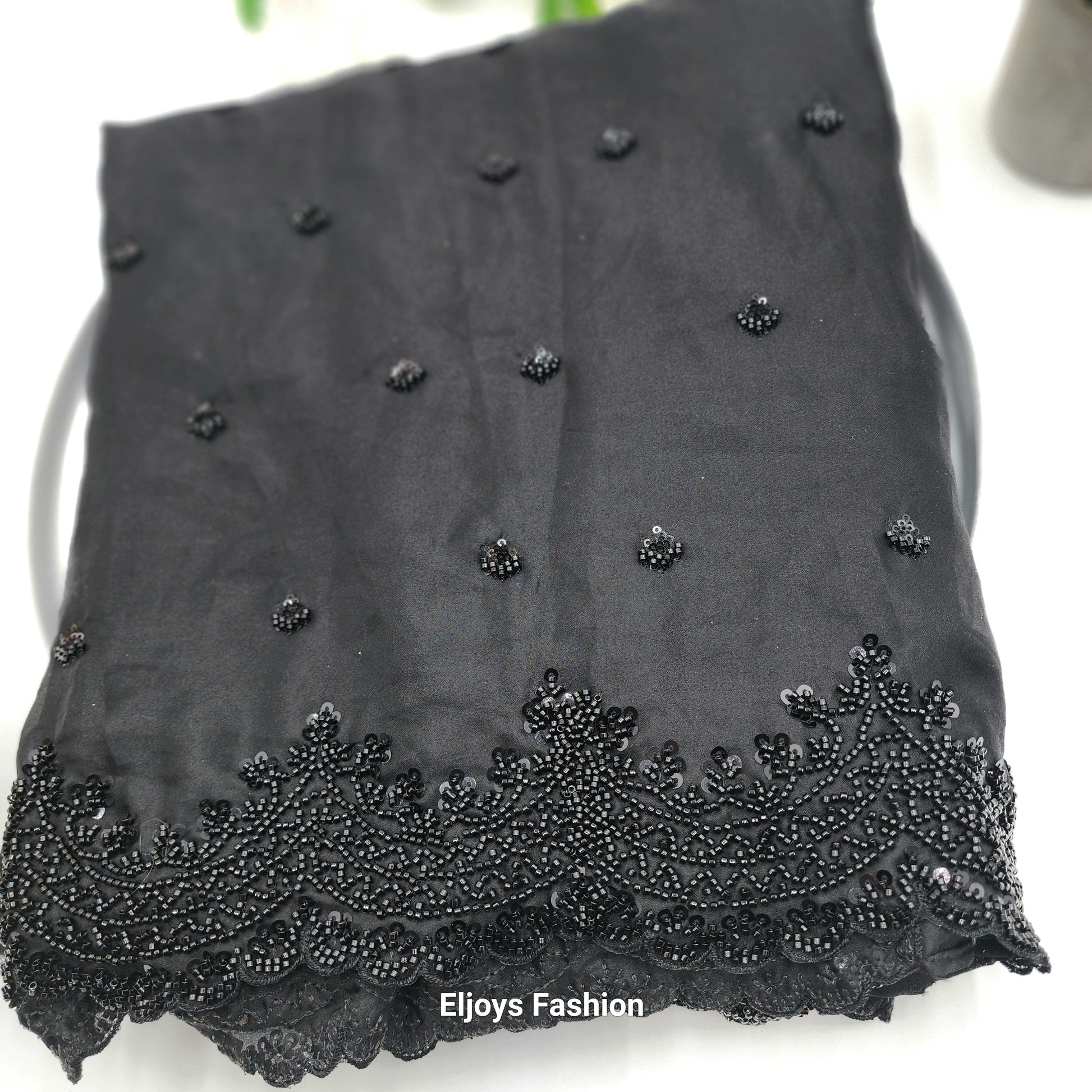 Chiffon saree with sequence and bead work  Black - Eljoys Fashion