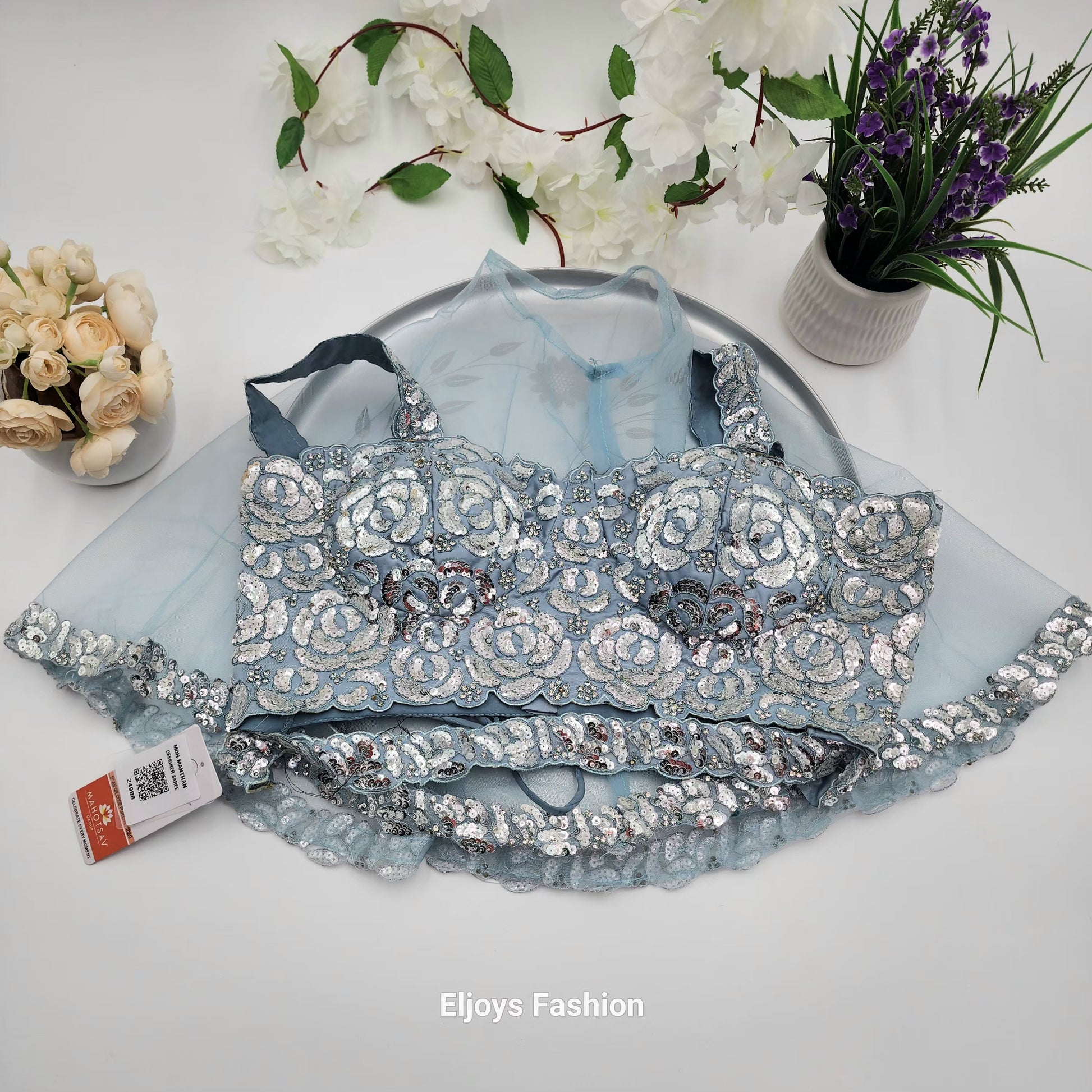 Designer Heavy Ready To Wear Saree Party Wear Two Tone Satin Silk Ice Blue - Eljoys Fashion