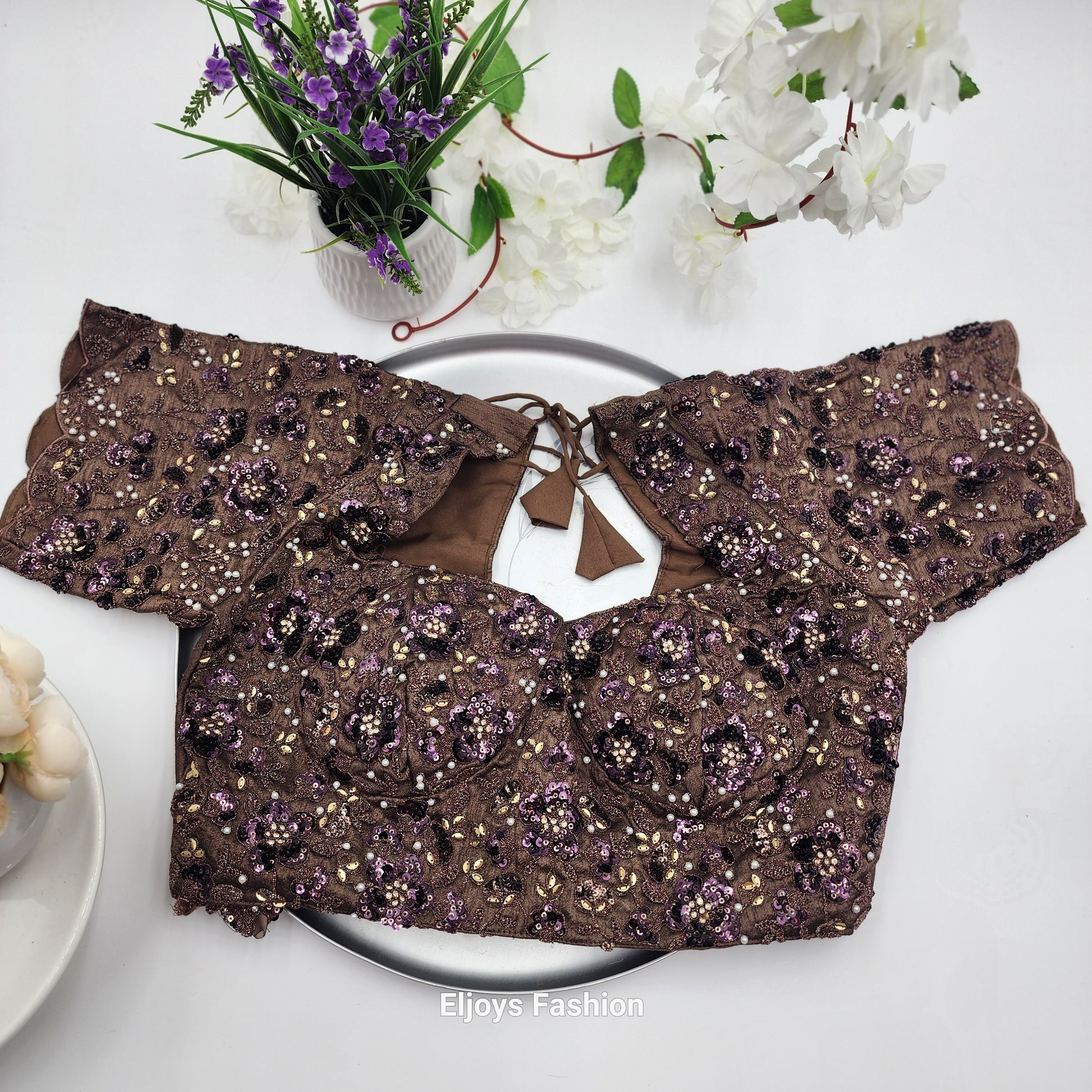 Crepe Silk Saree with Embroidery works Dark Chocolate Floral work with Blouse - Eljoys Fashion