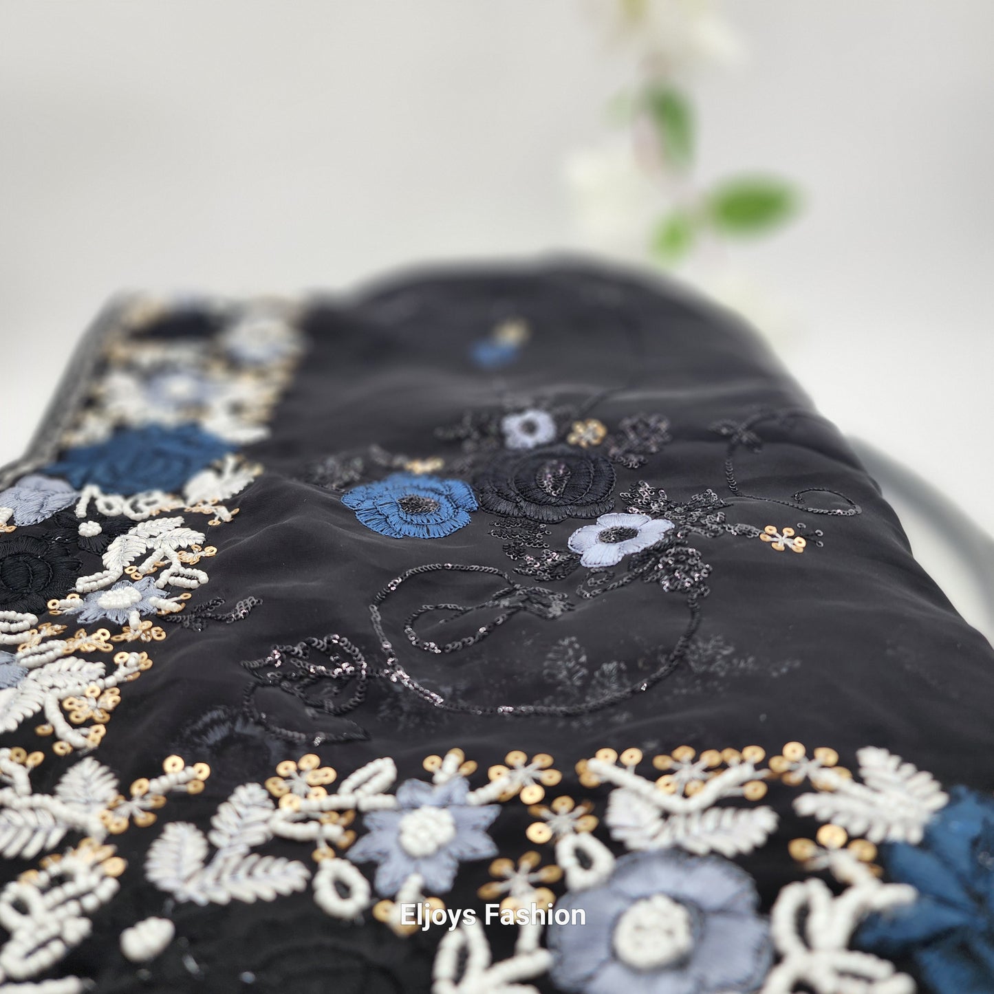 Georgette  Saree - Embroidery work  Black - Eljoys Fashion