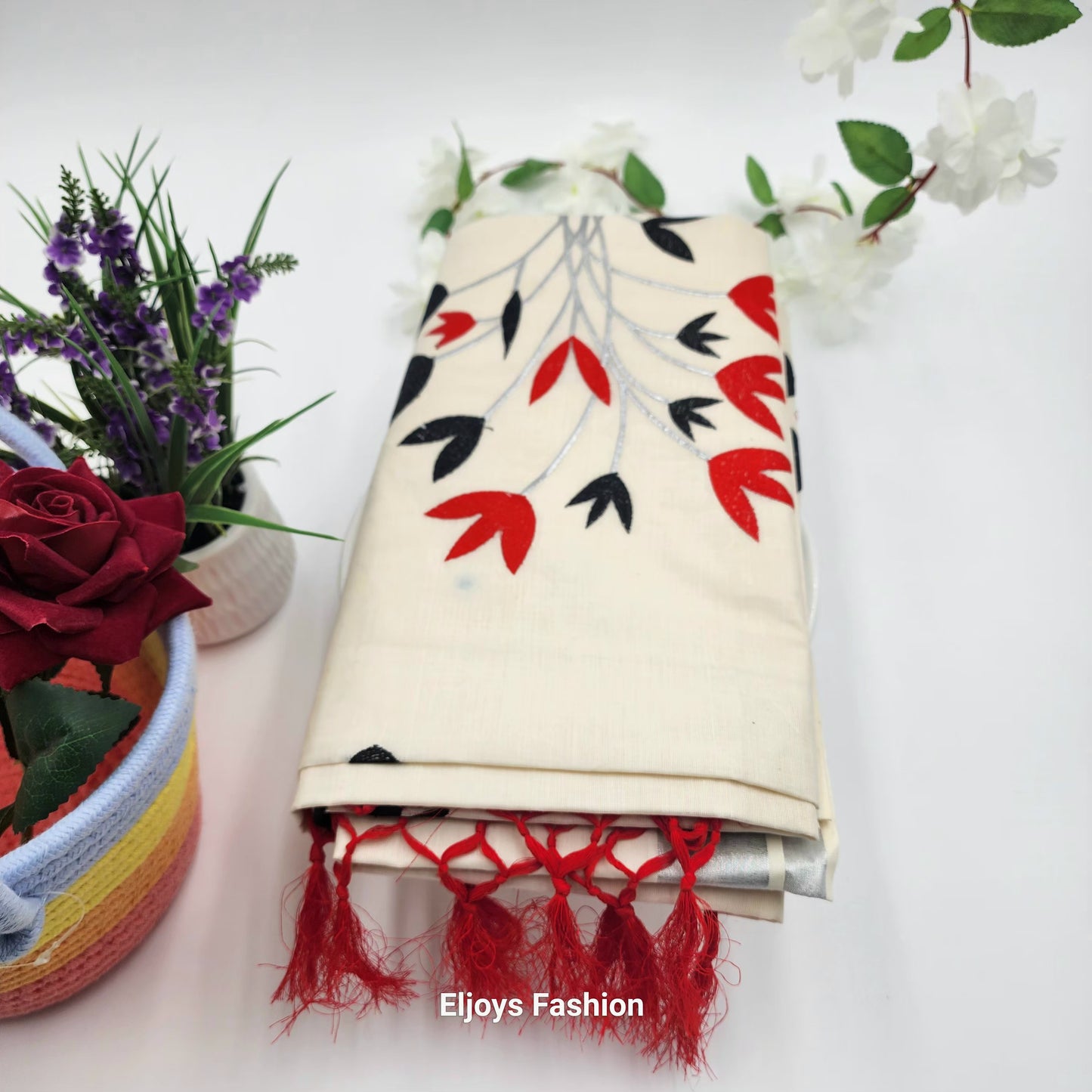 Tissue Silk South Indian Saree with stunning black and red combo floral design - Eljoys Fashion