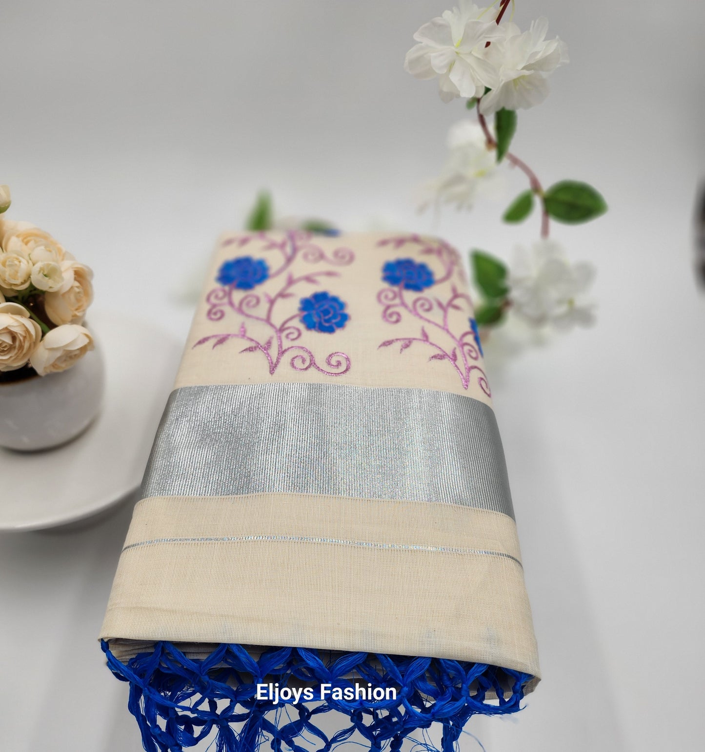 Tissue Silk south indian saree floral design blue and pink combo - Eljoys Fashion