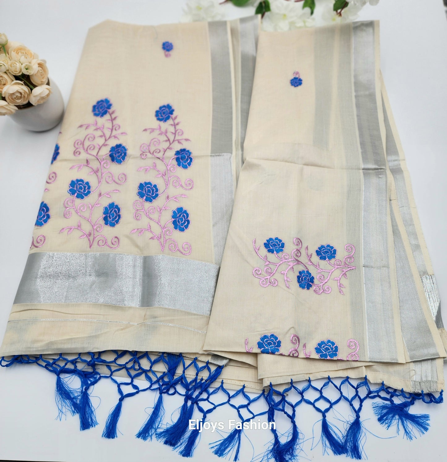Tissue Silk south indian saree floral design blue and pink combo