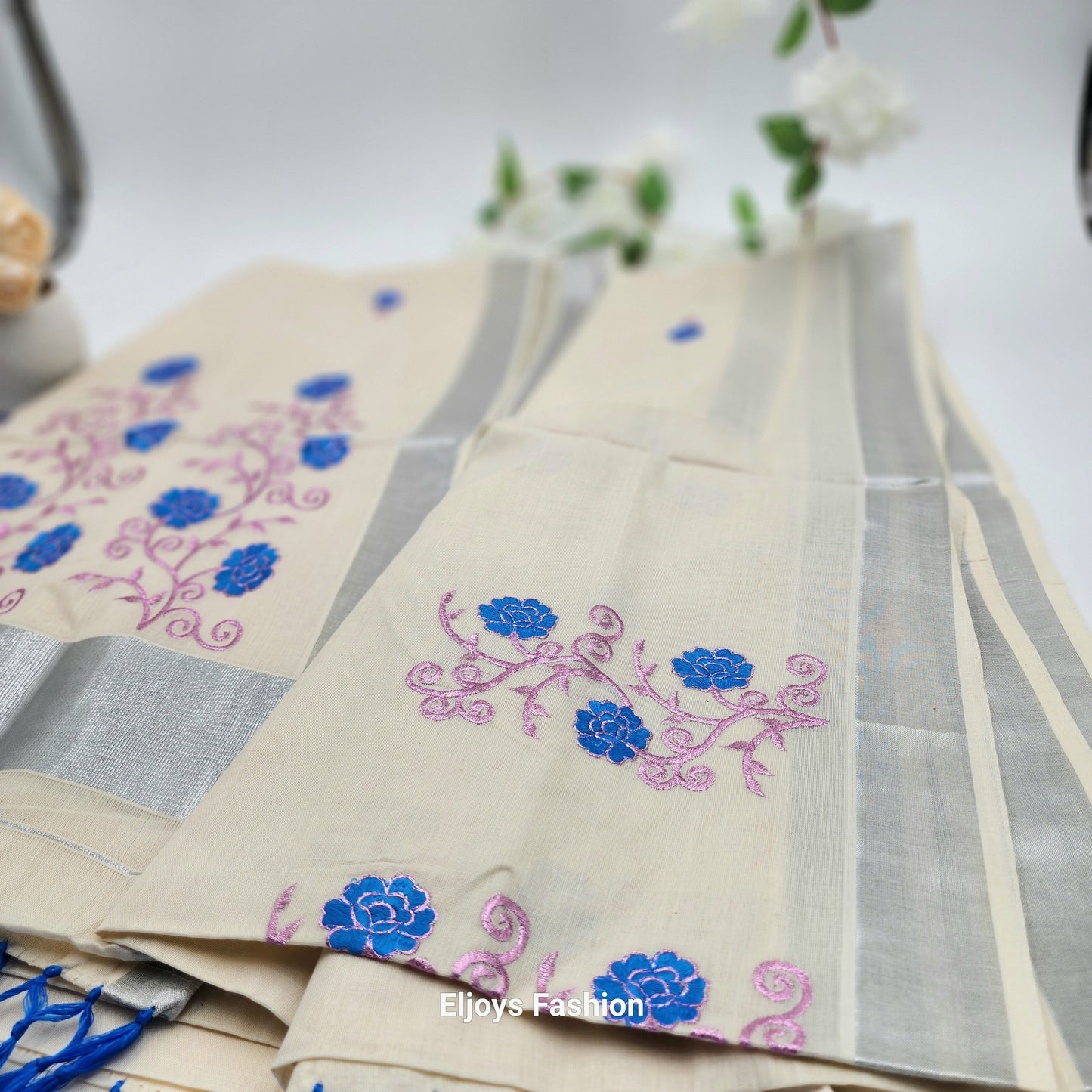 Tissue Silk south indian saree floral design blue and pink combo