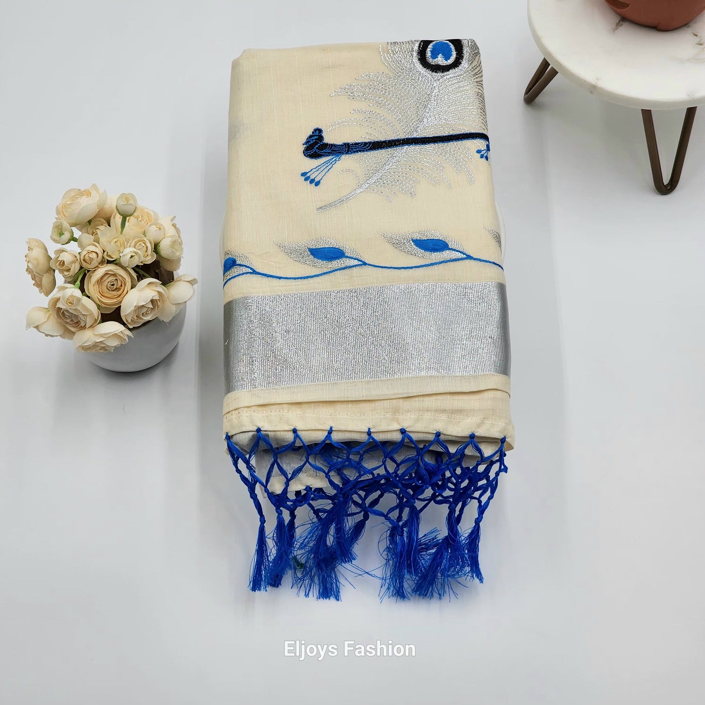 Tissue silk saree Silver and blue  coverts design with blue silver floral borders - Eljoys Fashion