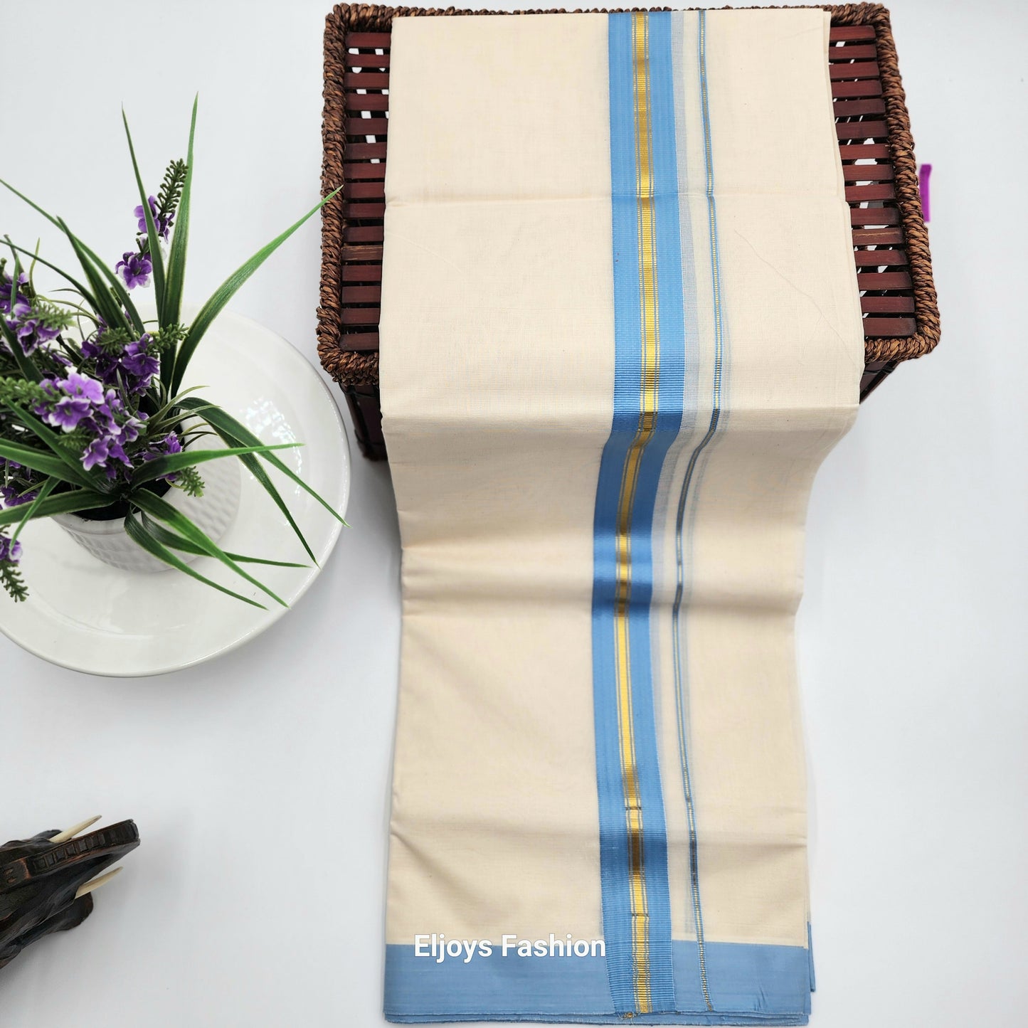 Dhoti in Sky blue and Gold border