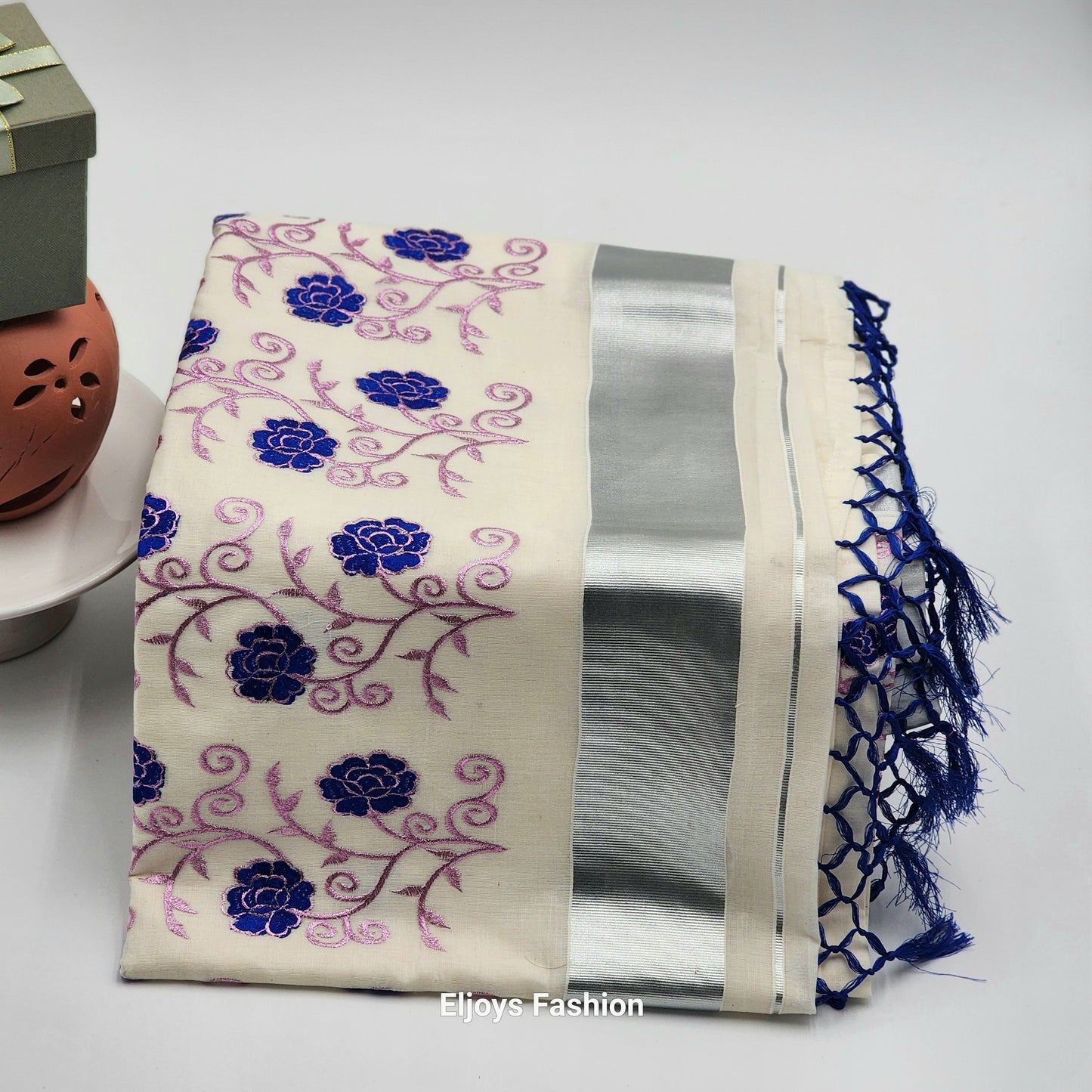 Tissue silk Saree in floral design violet and pink combination with silver lining