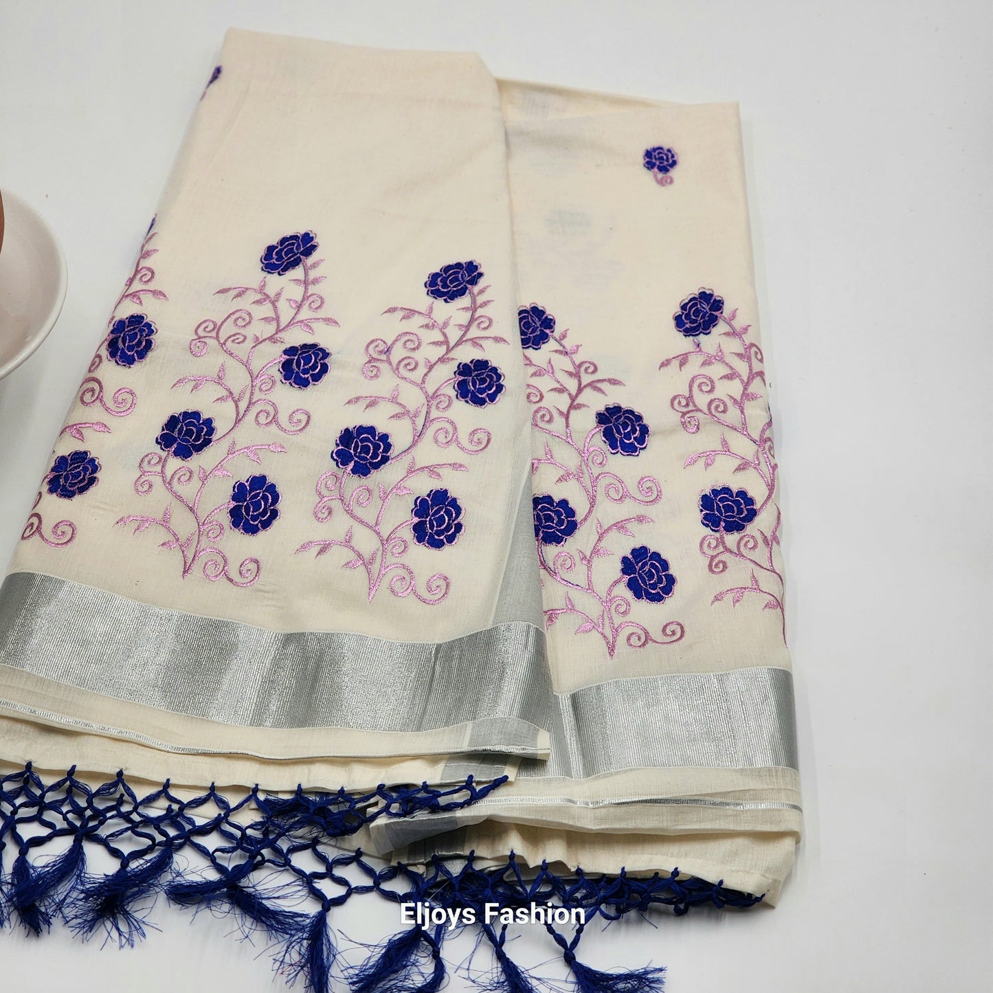 Tissue silk Saree in floral design violet and pink combination with silver lining