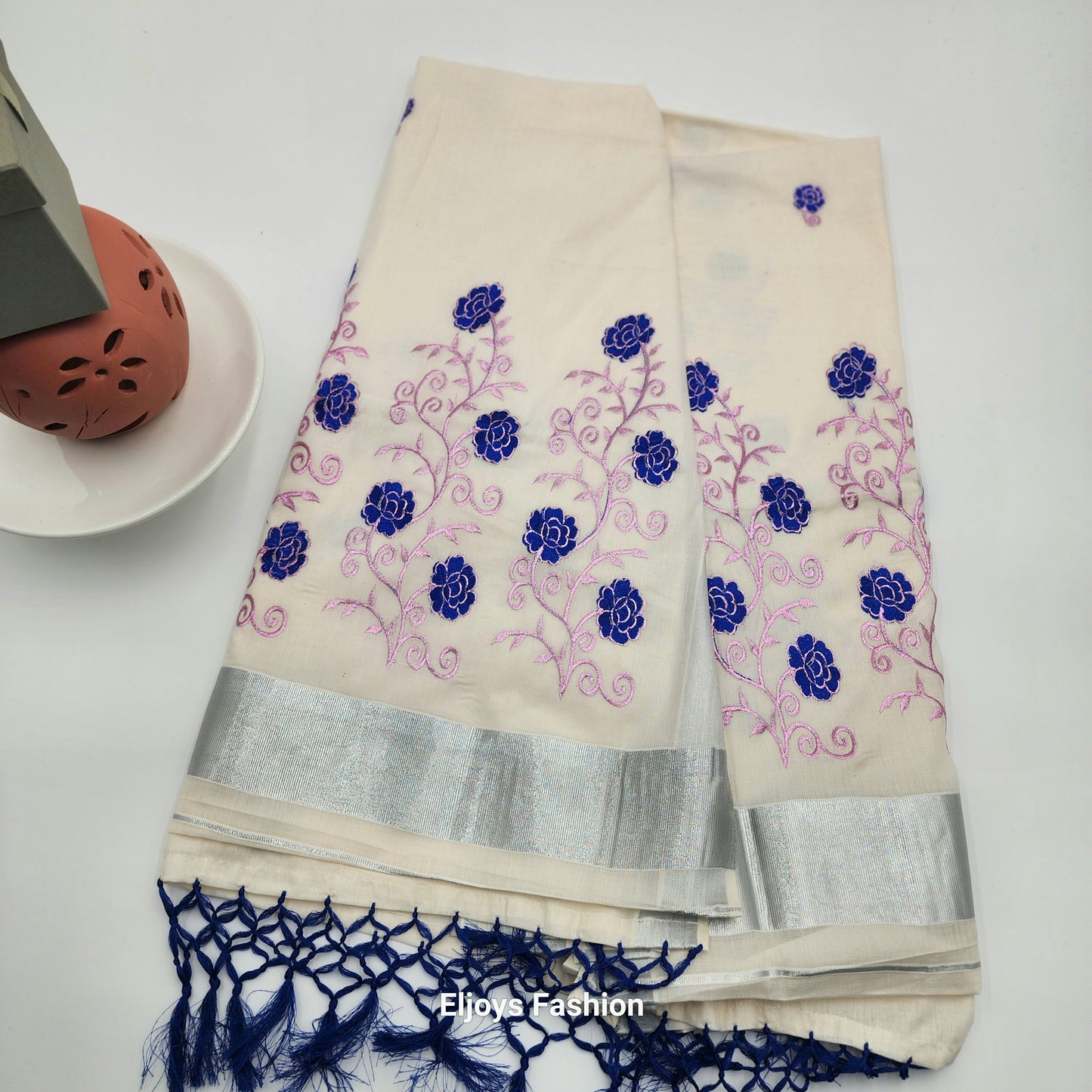 Tissue silk Saree in floral design violet and pink combination with silver lining