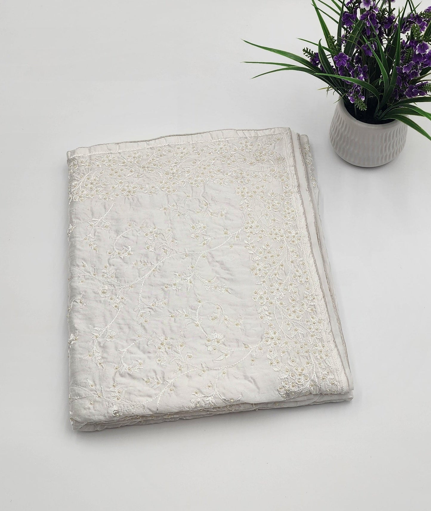 Satin white Saree with bead works - Eljoys Fashion