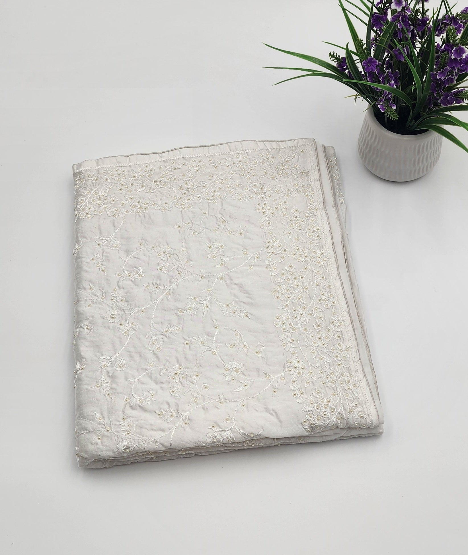 Satin white Saree with bead works - Eljoys Fashion