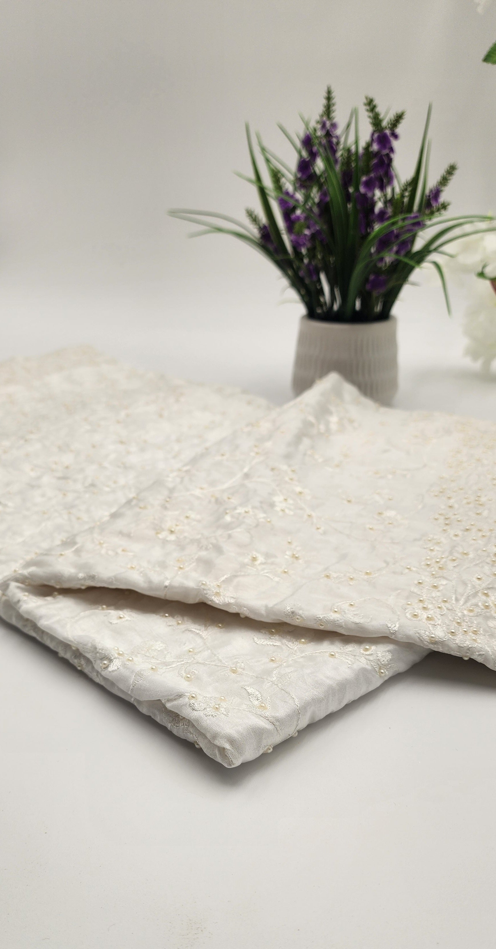 Satin white Saree with bead works - Eljoys Fashion