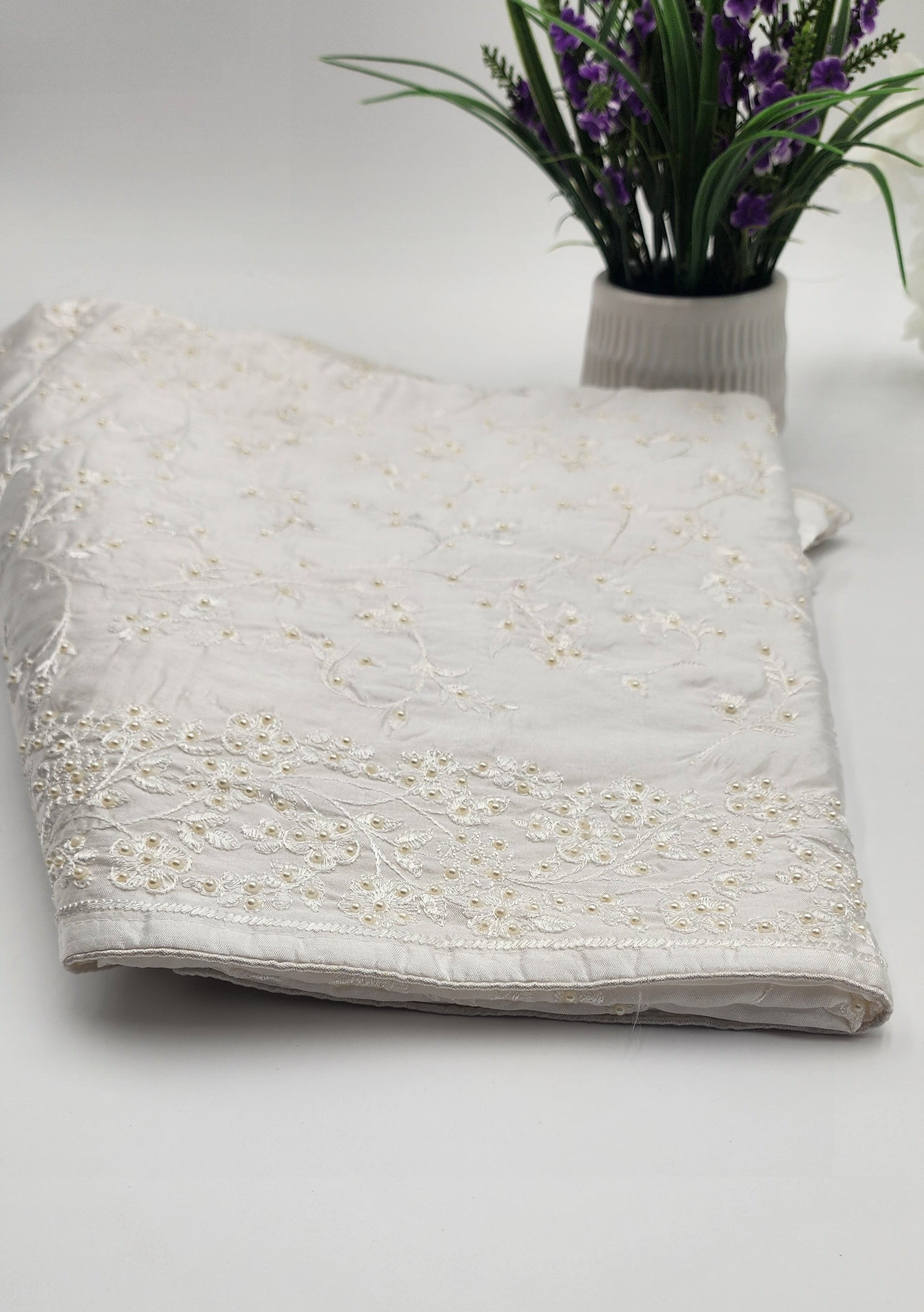 Satin white Saree with bead works - Eljoys Fashion