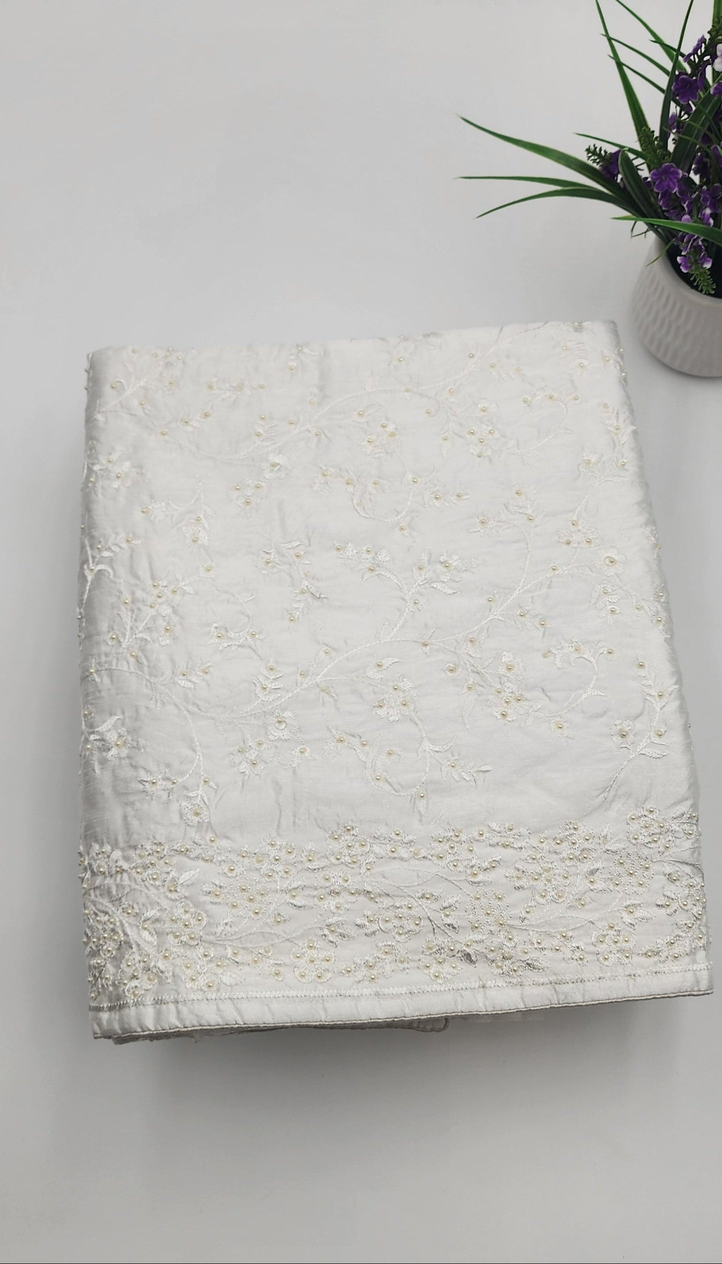 Satin white Saree with bead works - Eljoys Fashion
