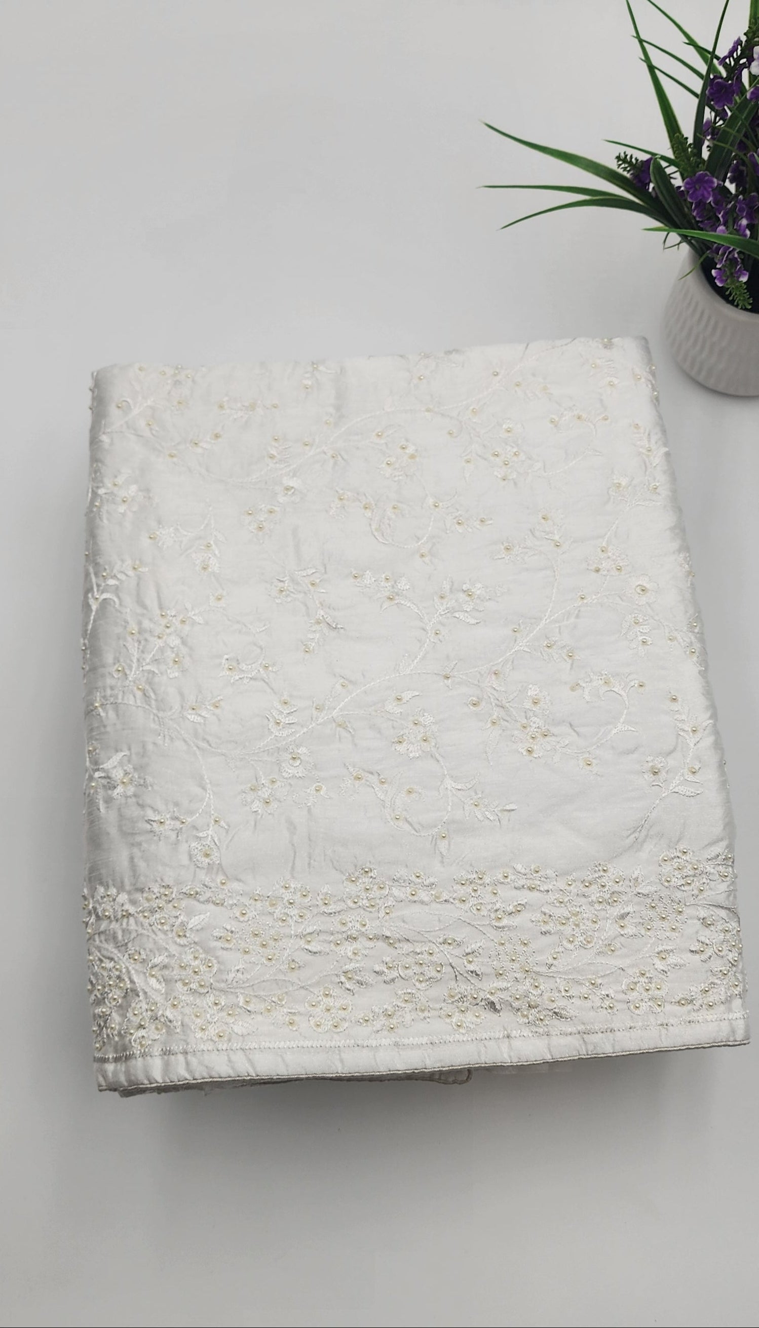 Satin white Saree with bead works - Eljoys Fashion