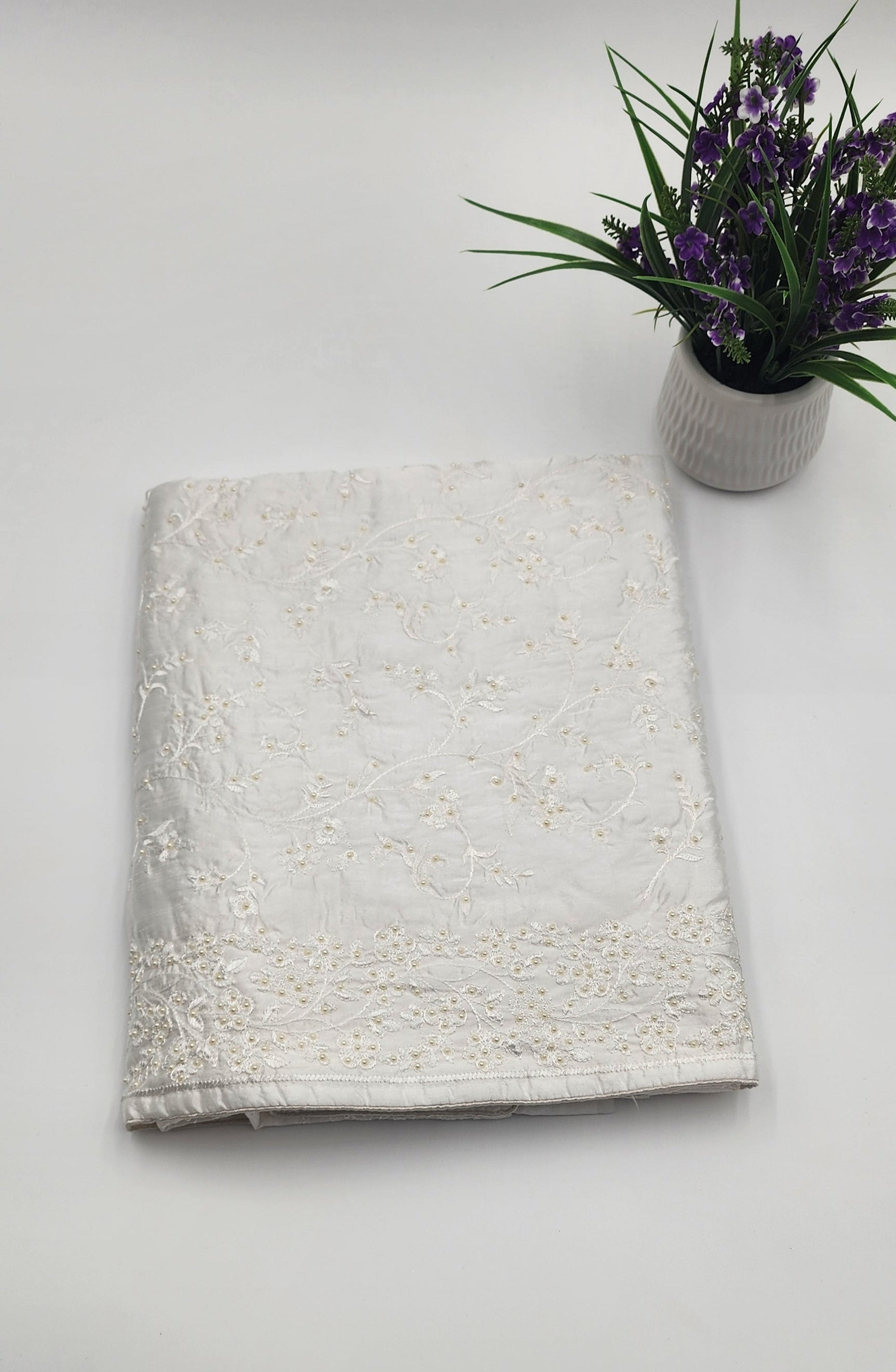 Satin white Saree with bead works - Eljoys Fashion