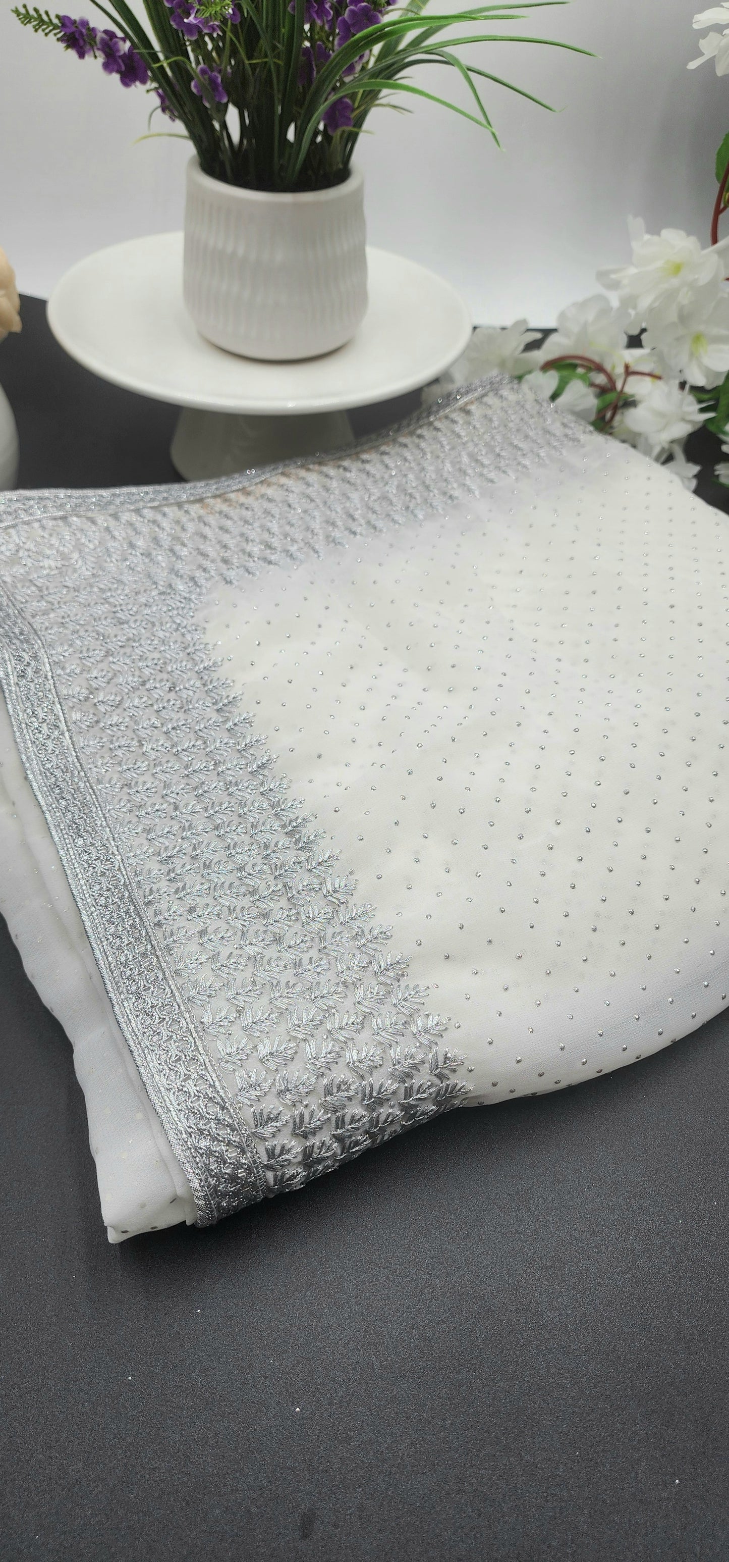 Chiffon saree with full body work and embroidery border white - Eljoys Fashion