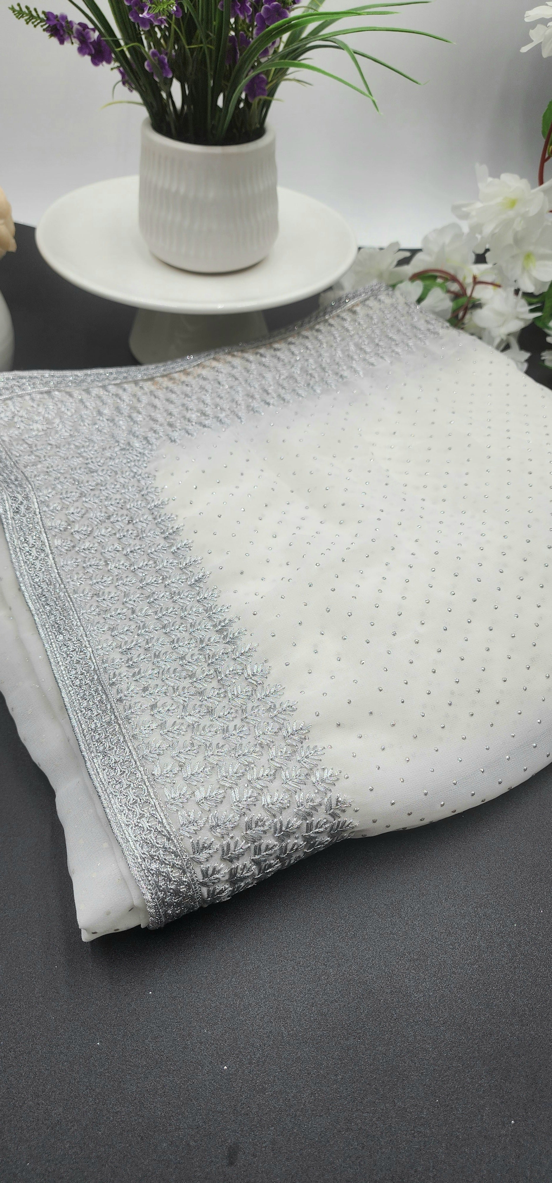 Chiffon saree with full body work and embroidery border white - Eljoys Fashion