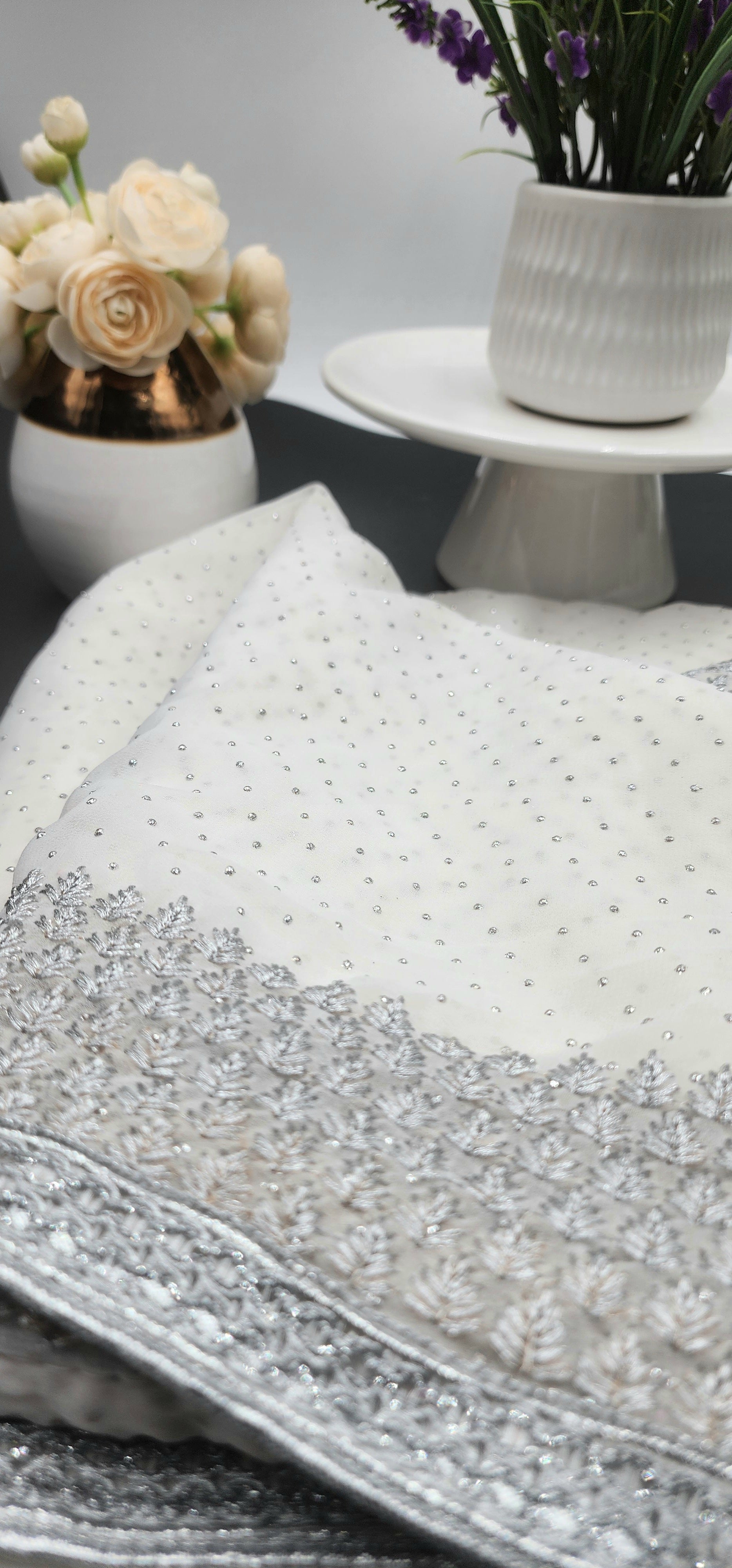 Chiffon saree with full body work and embroidery border white - Eljoys Fashion