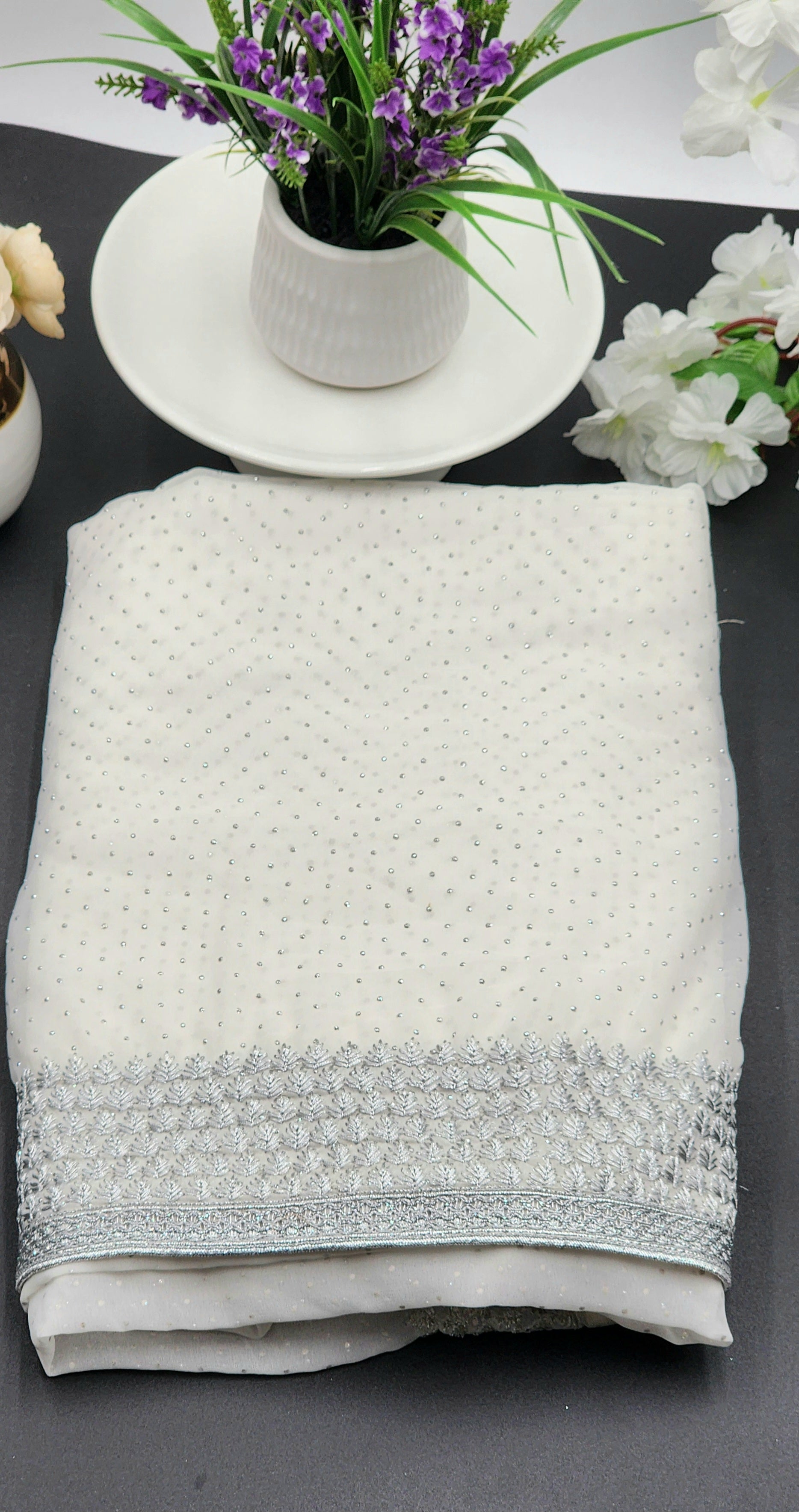Chiffon saree with full body work and embroidery border white - Eljoys Fashion