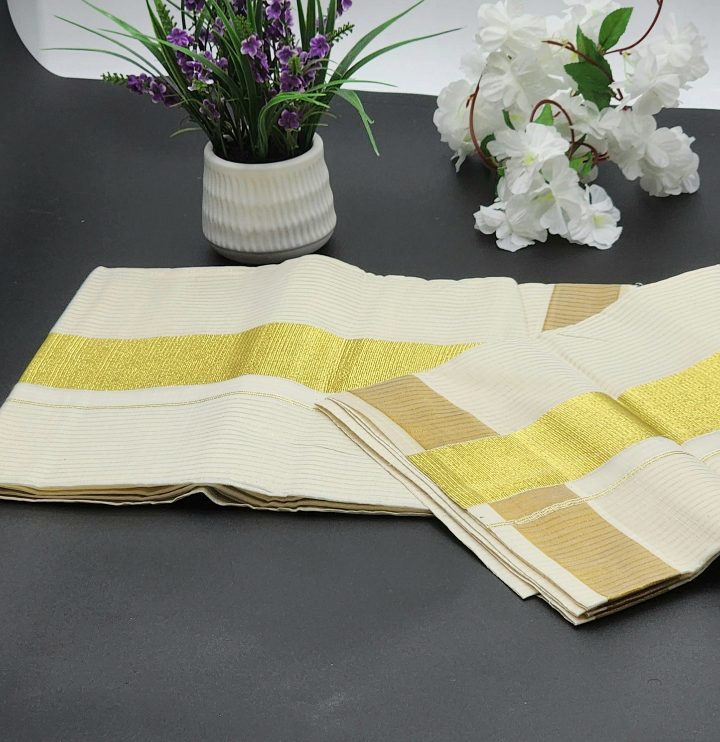 Tissue Silk Traditional Kerala saree with medium gold border and horizontal full body line Eljoys Fashion