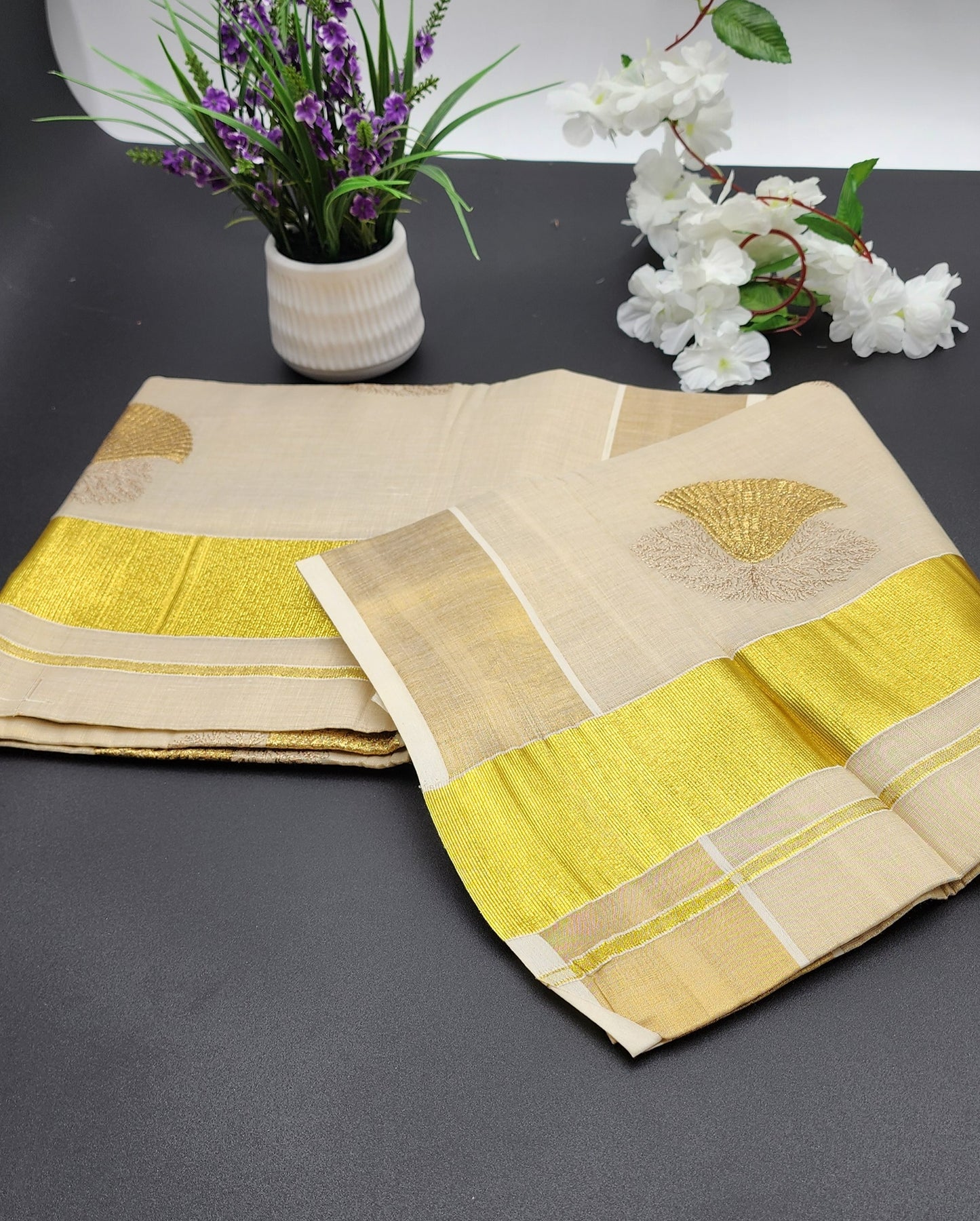 Tissue Silk Saree with medium border and beautiful Floral designs Eljoys Fashion