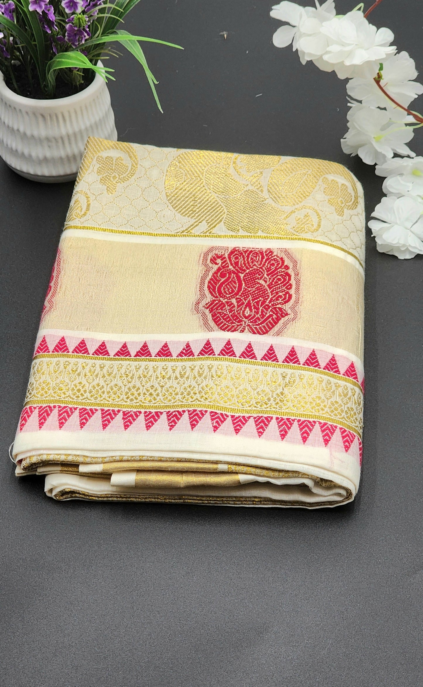 Traditional Kerala saree Peacock design in red and golden hues - Eljoys Fashion