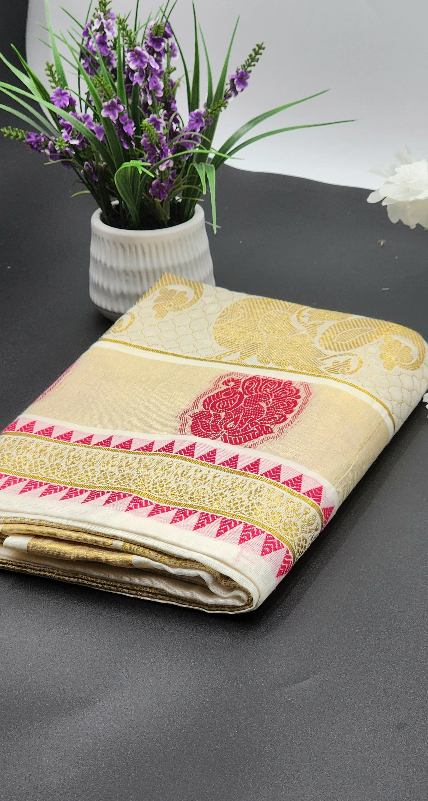 Traditional Kerala saree Peacock design in red and golden hues - Eljoys Fashion