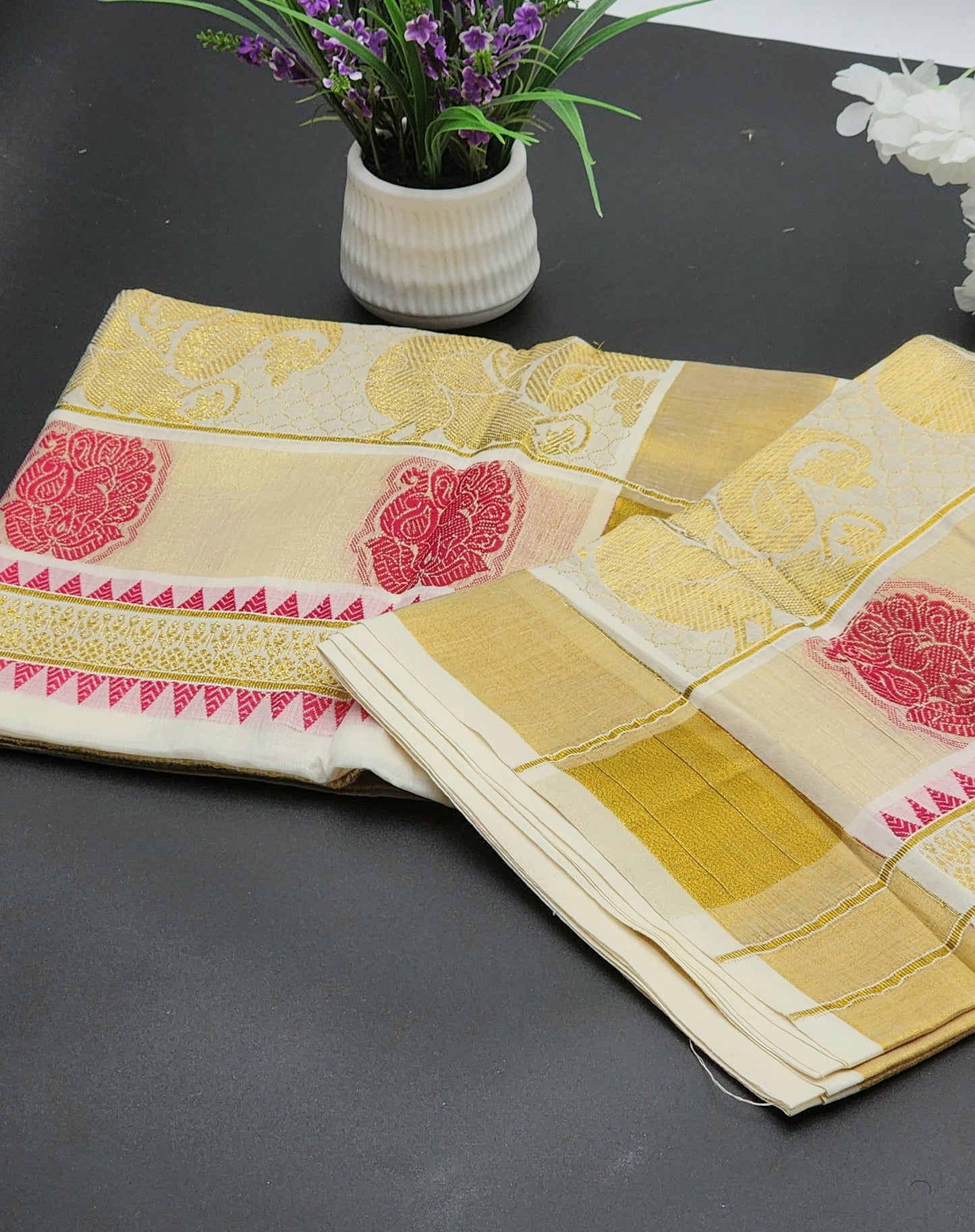 Traditional Kerala saree Peacock design in red and golden hues - Eljoys Fashion