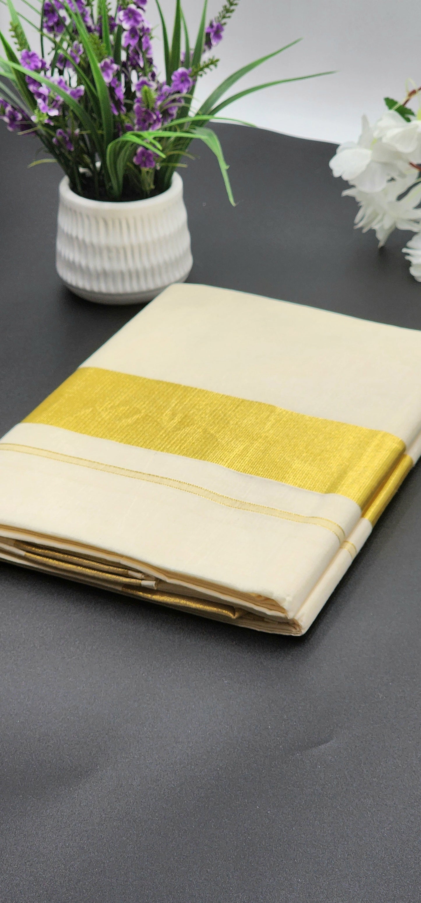 Kerala Tissue Silk Saree in Medium True gold border - Eljoys Fashion