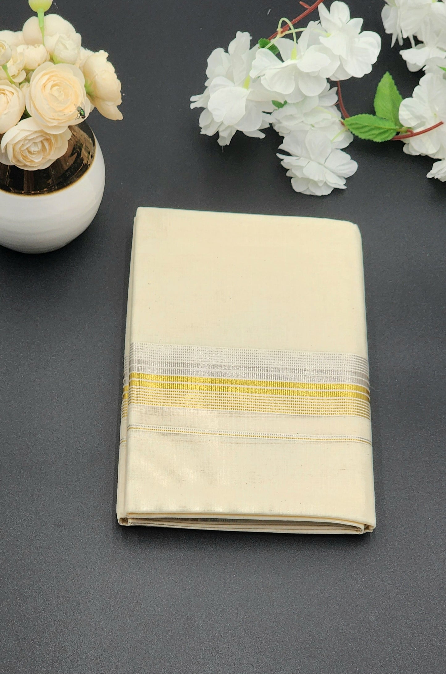 Dhoti Mundu Kerala style Multi Gold line and Silver Border