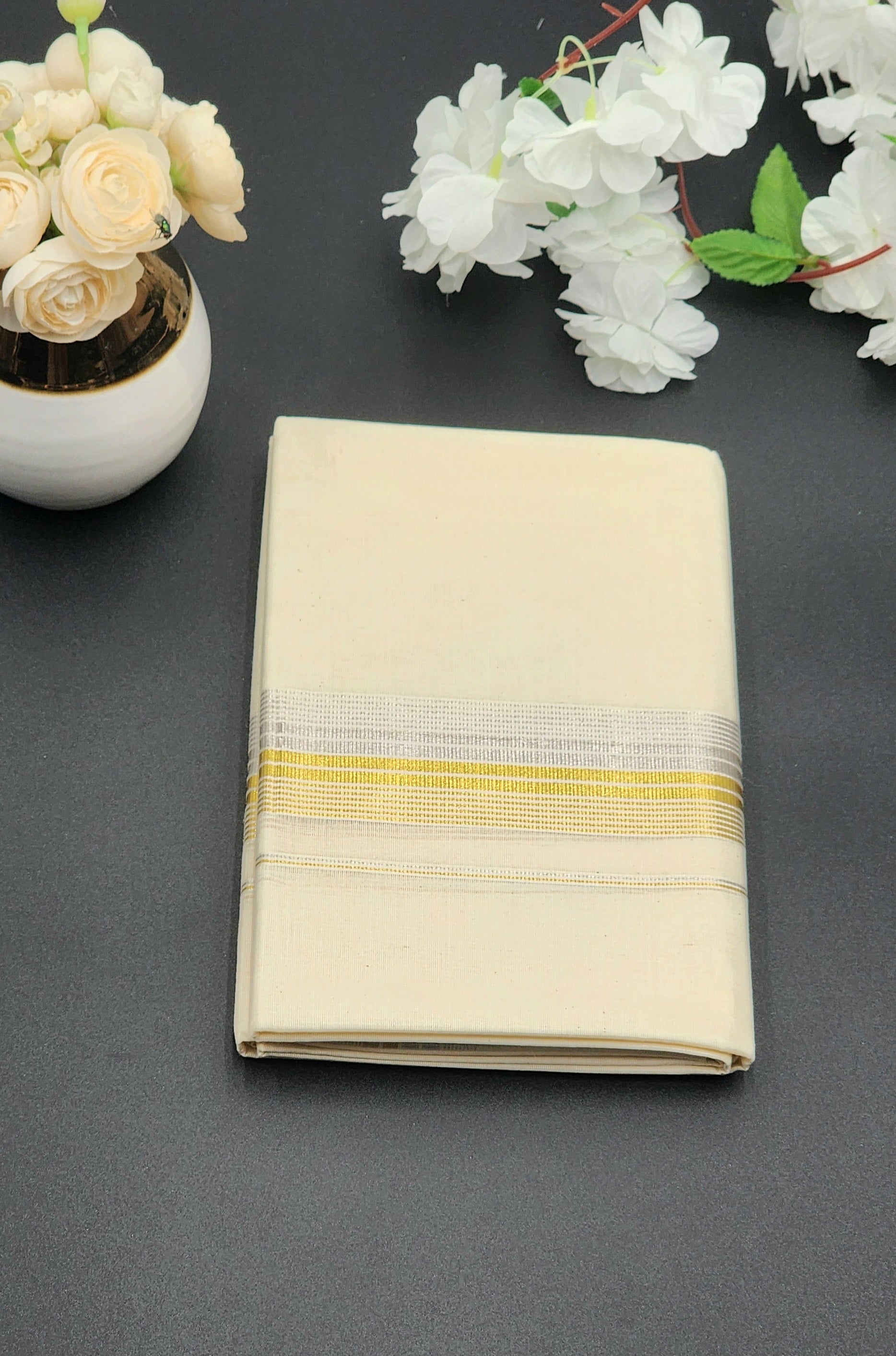 Dhoti Mundu Kerala style Multi Gold line and Silver Border