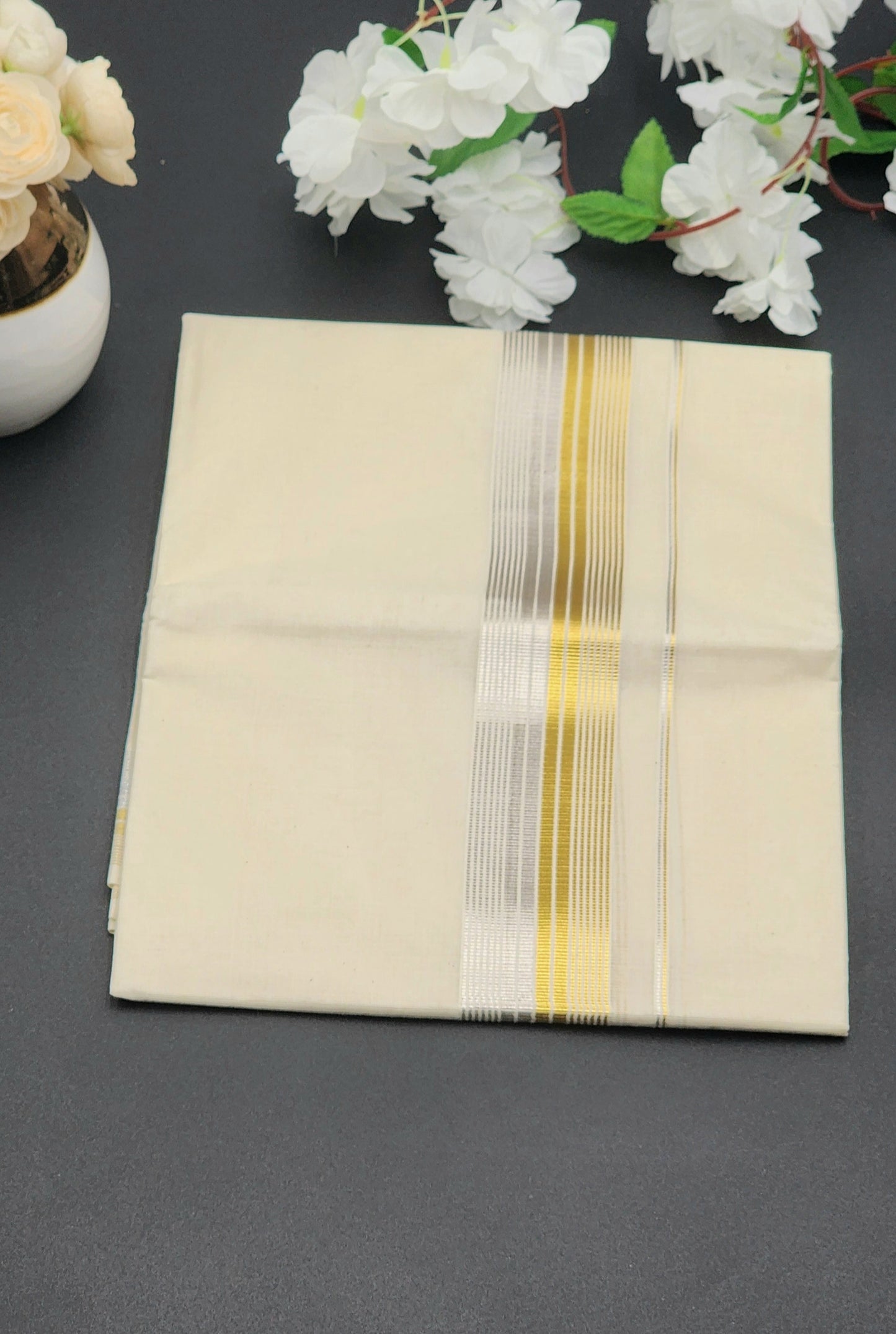 Dhoti Mundu Kerala style Multi Gold line and Silver Border