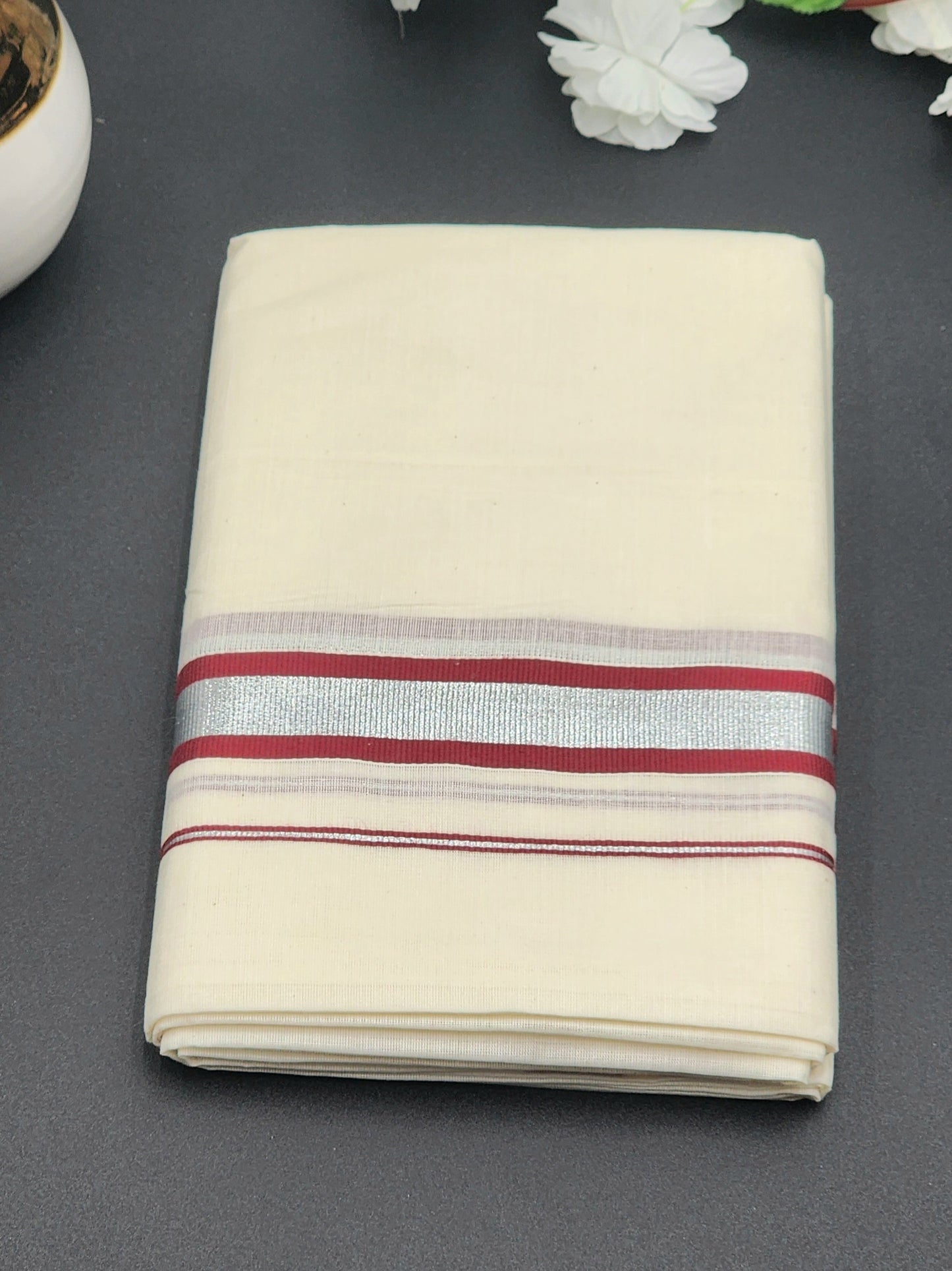 Dhoti(Mundu)  Kerala style Multi Red and Silver Border - Eljoys Fashion