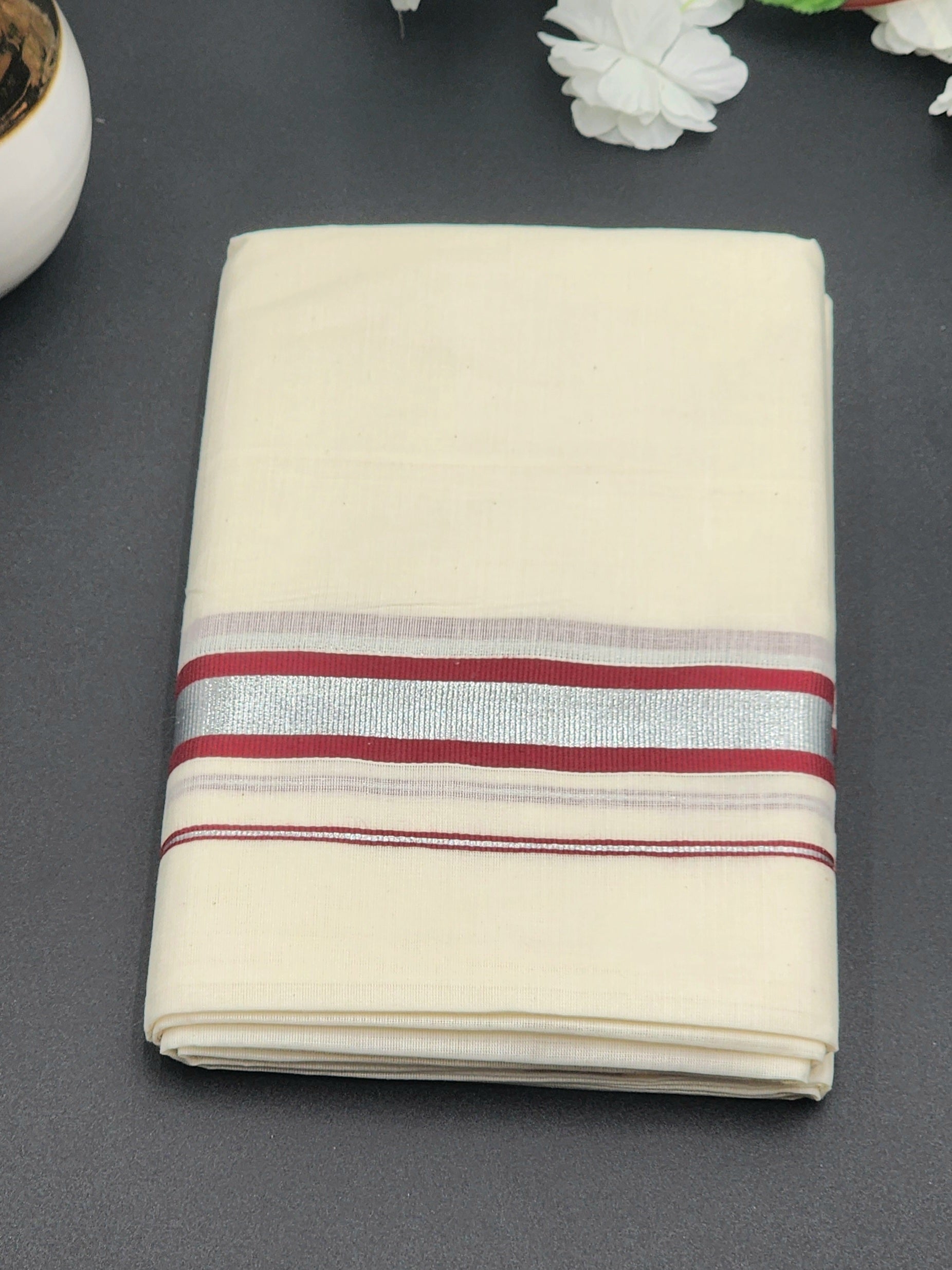 Dhoti(Mundu)  Kerala style Multi Red and Silver Border - Eljoys Fashion