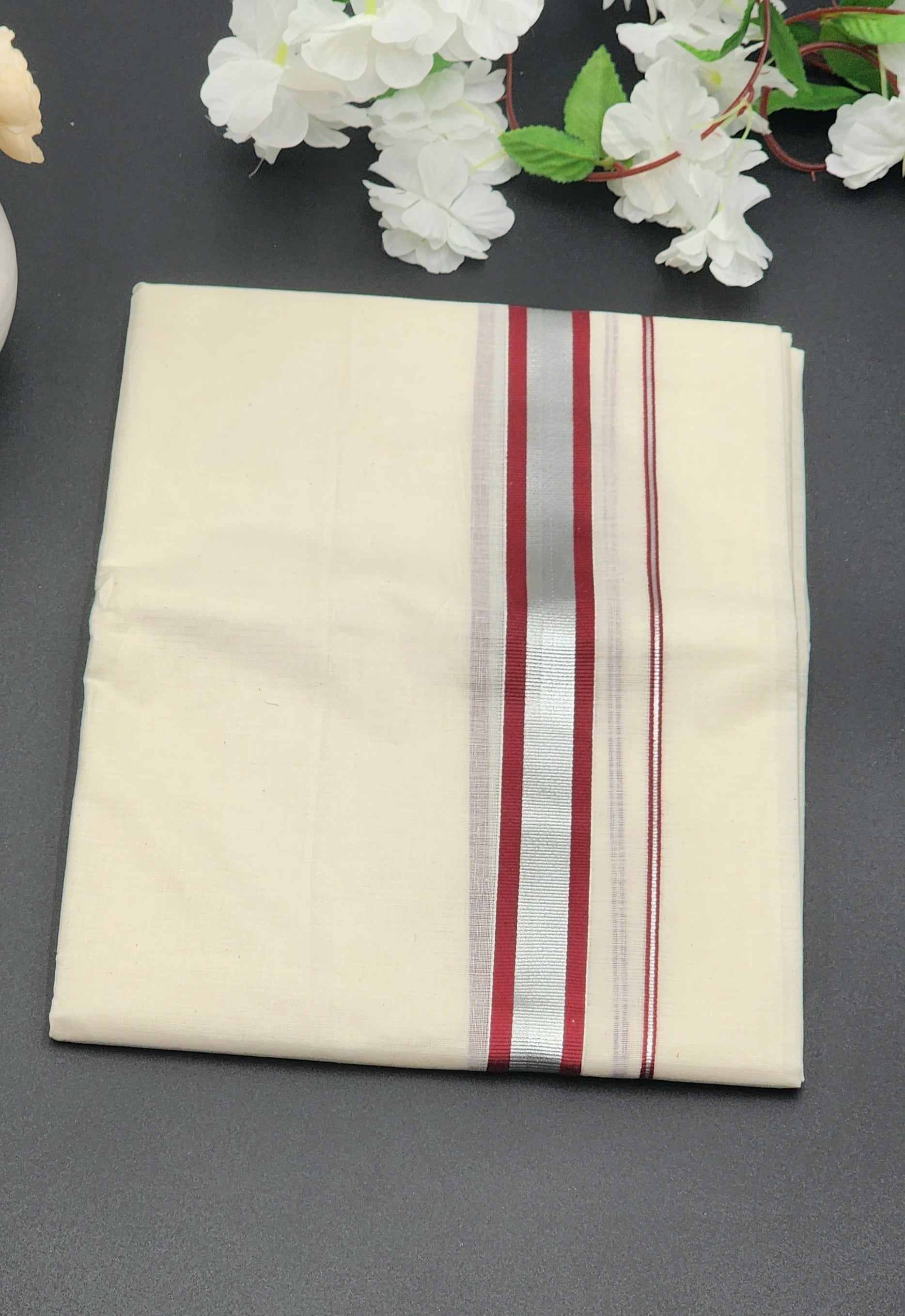 Dhoti(Mundu)  Kerala style Multi Red and Silver Border - Eljoys Fashion