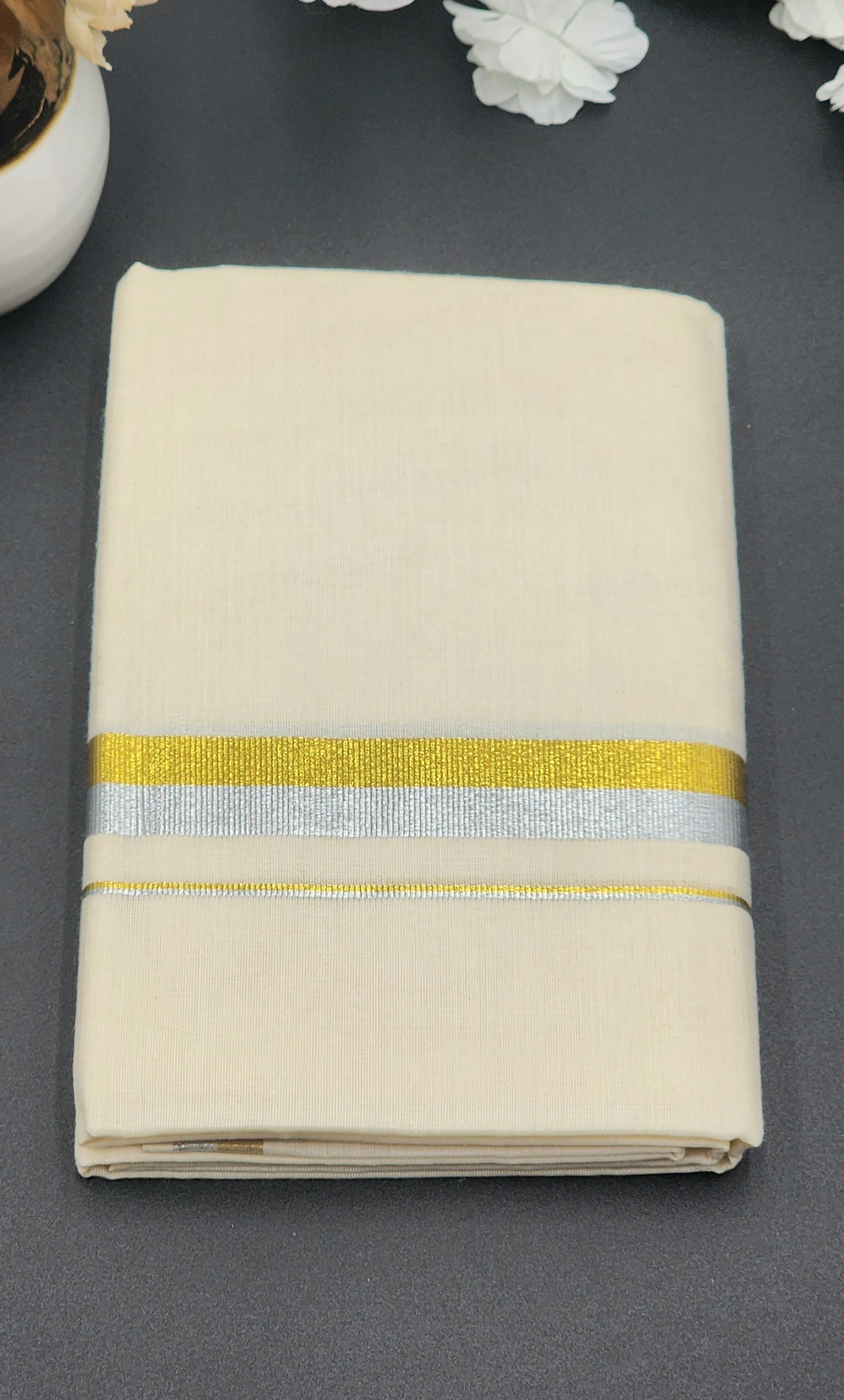 Dhoti(Mundu)  Kerala style Multi Royal  gold and Silver medium border - Eljoys Fashion