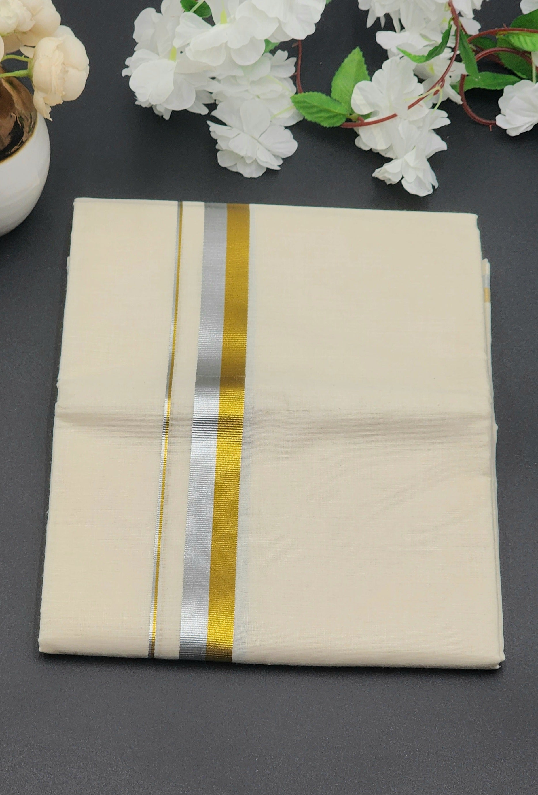 Dhoti(Mundu)  Kerala style Multi Royal  gold and Silver medium border - Eljoys Fashion