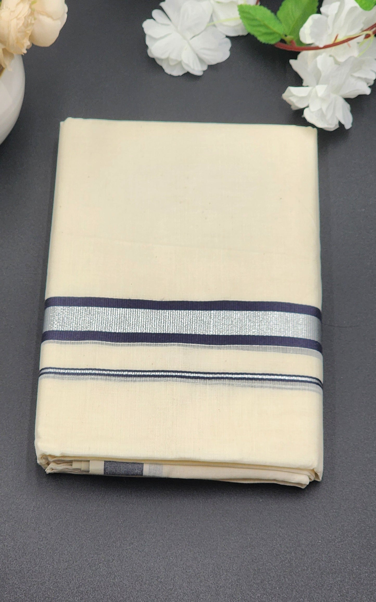Dhoti(Mundu)  Kerala style Dark Blue and Silver border - Eljoys Fashion