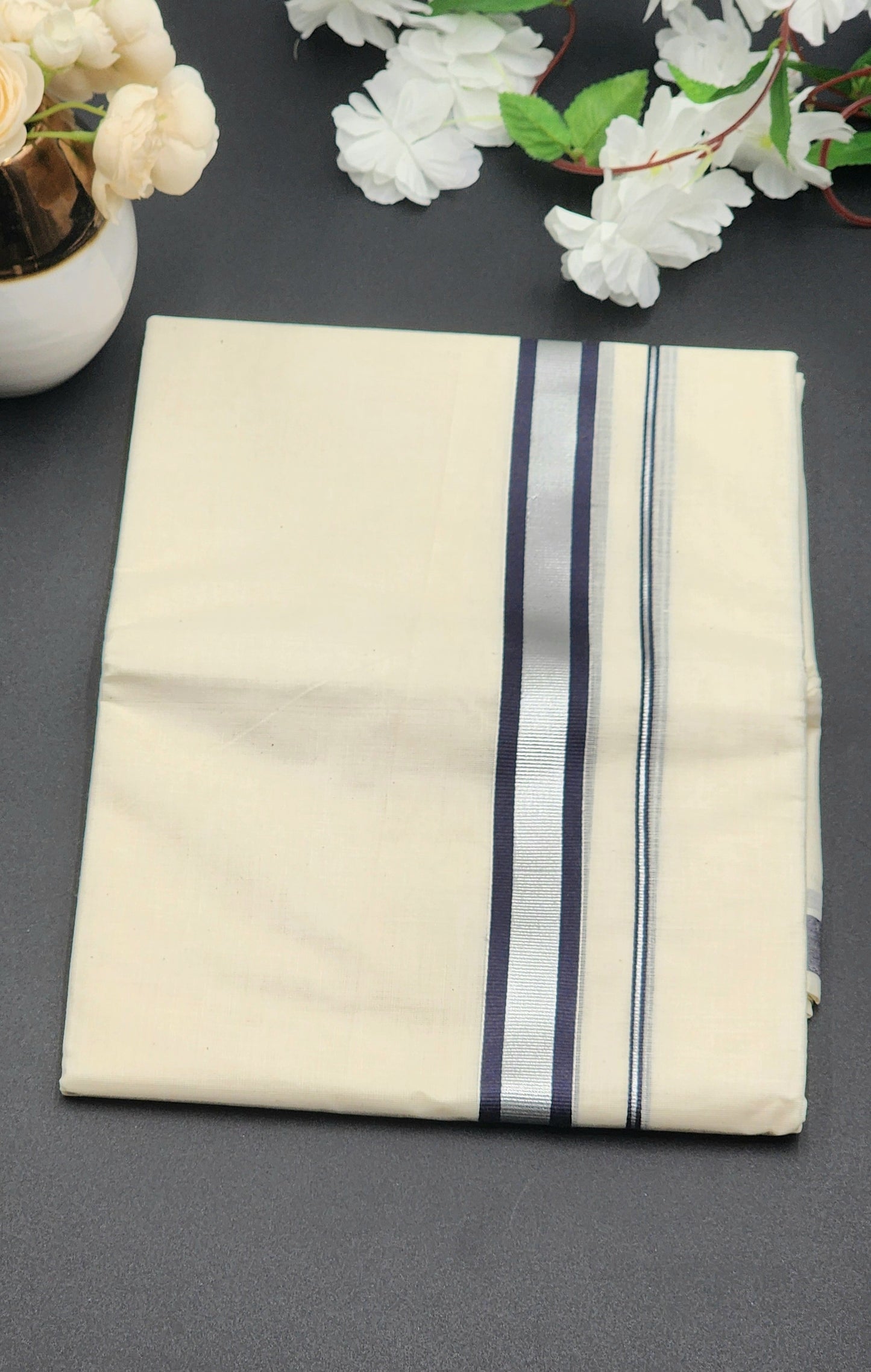 Dhoti(Mundu)  Kerala style Dark Blue and Silver border - Eljoys Fashion