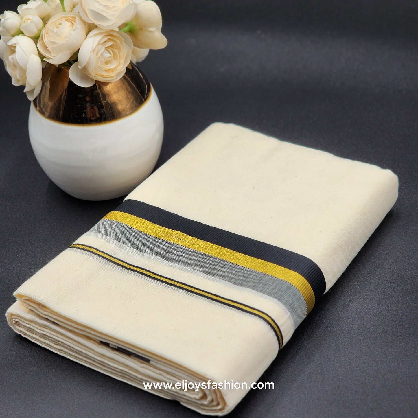 Dhoti(Mundu) South Indian traditional style with Black, Gold and Ash Border