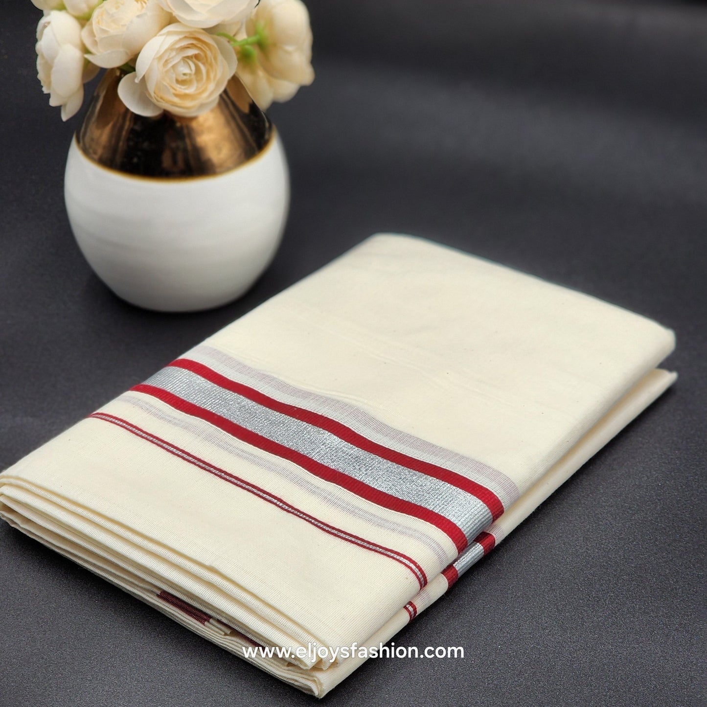 Dhoti Mundu South Indian traditional style with cherry and silver border