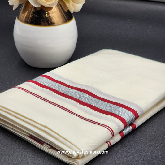 Dhoti Mundu South Indian traditional style with cherry and silver border
