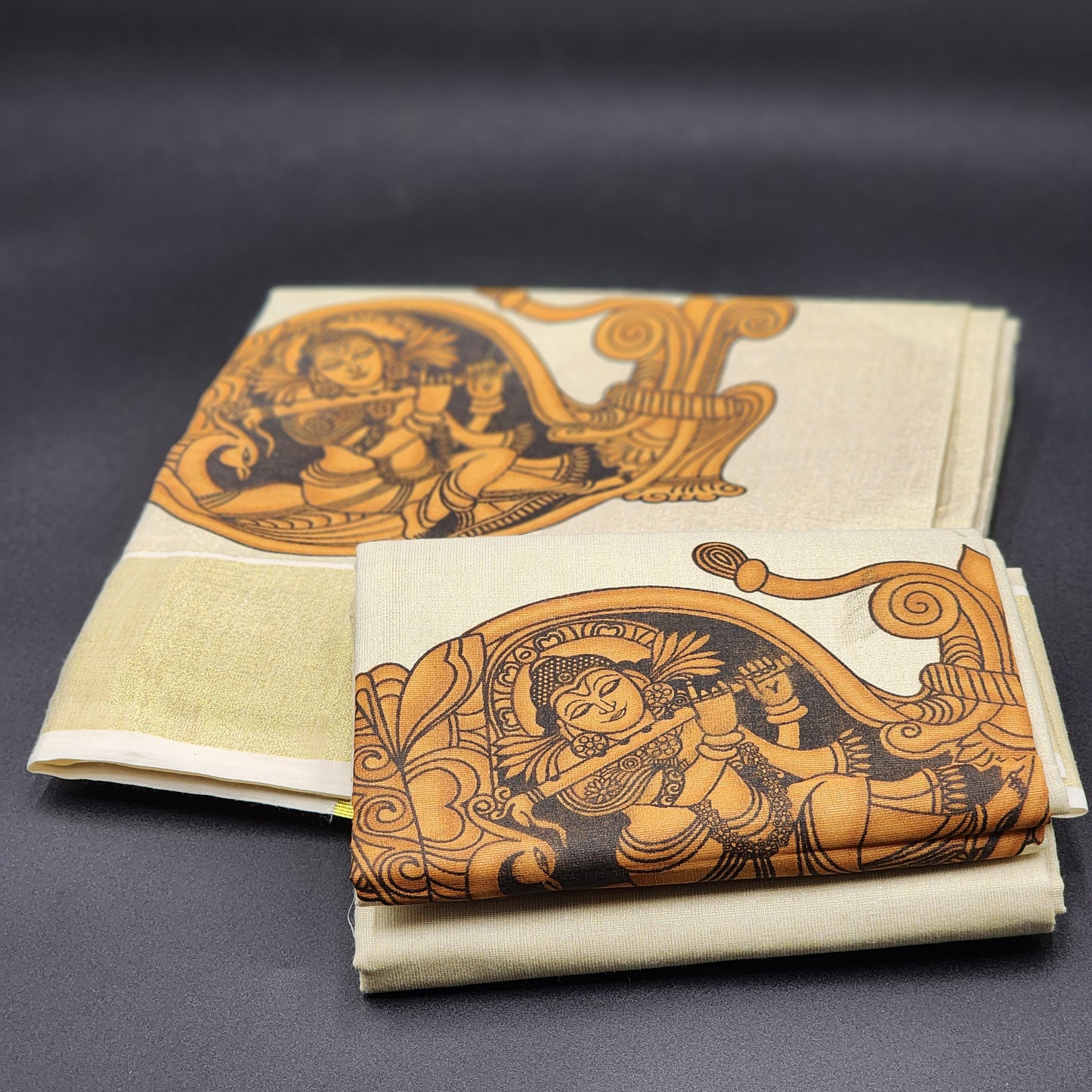 Set Mundu Lord Krishna print with Gold border