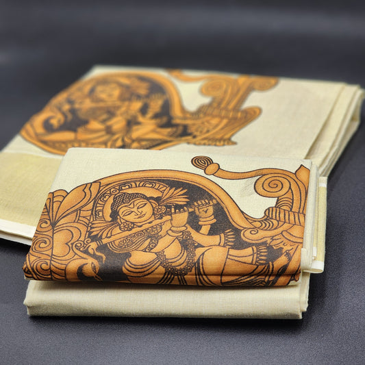 Set Mundu Lord Krishna print with Gold border